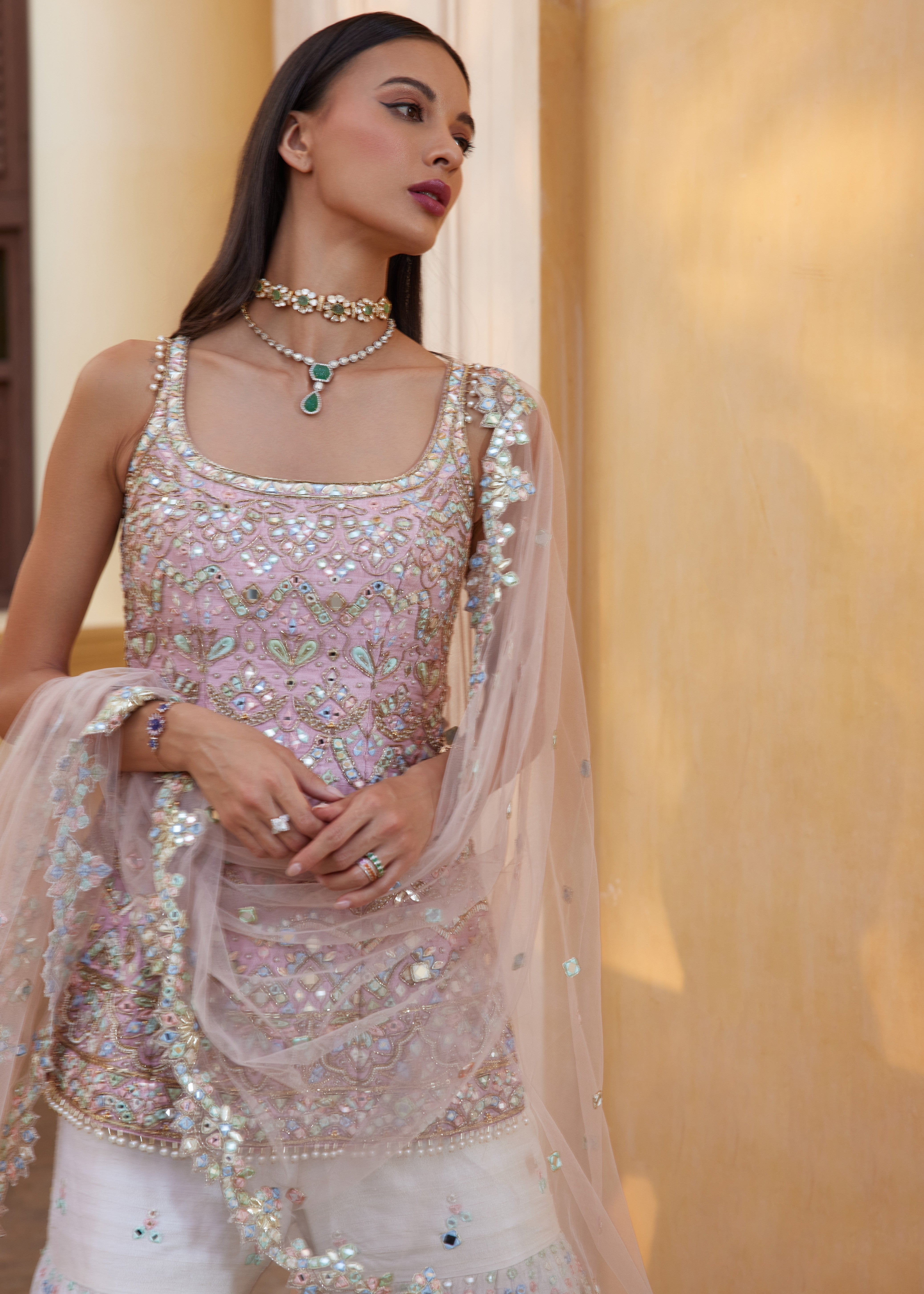 Ivory and Rose Pink Mirror Gharara Set