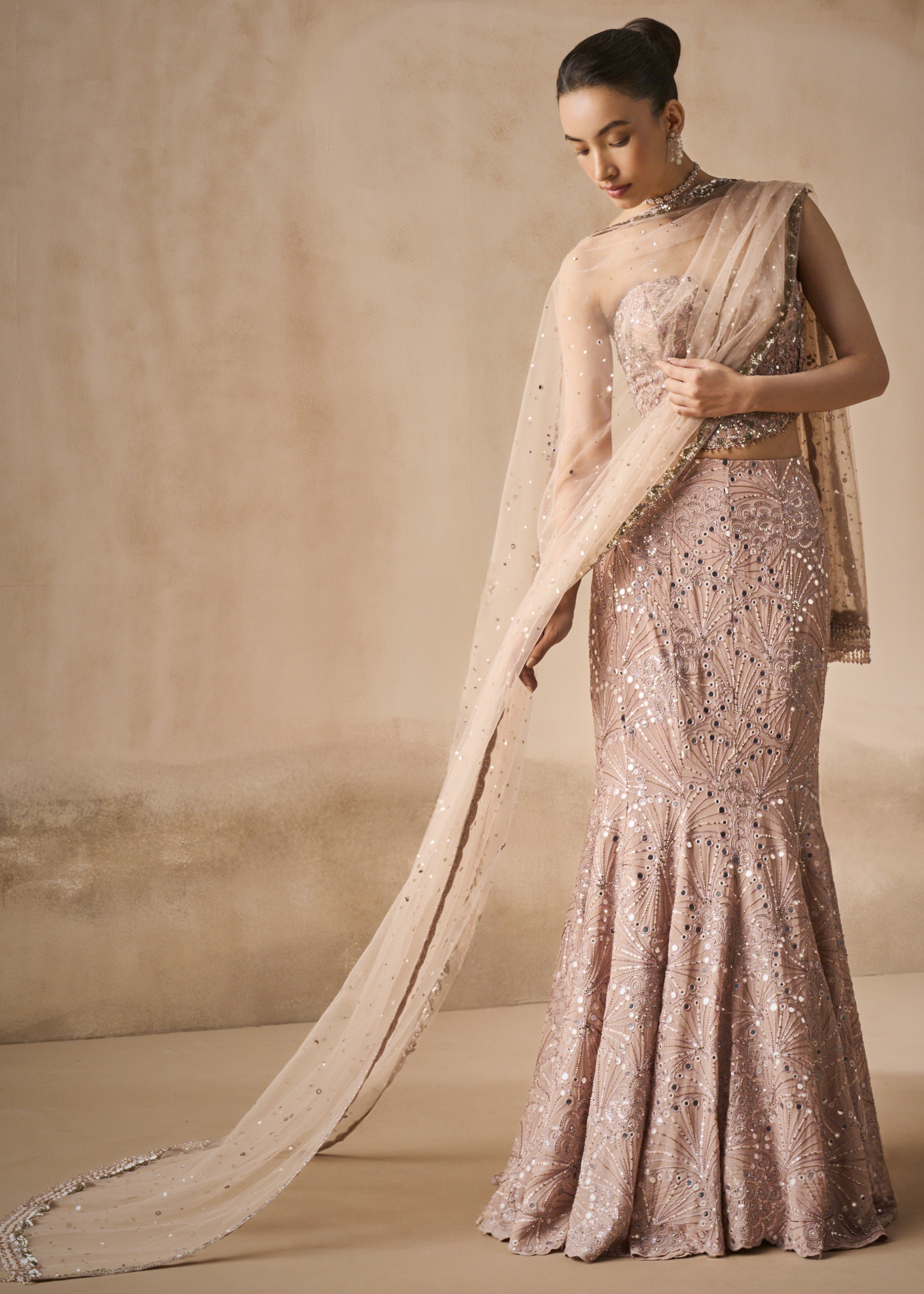 Mauve Pink Georgette Fit And Flare Lehenga Set