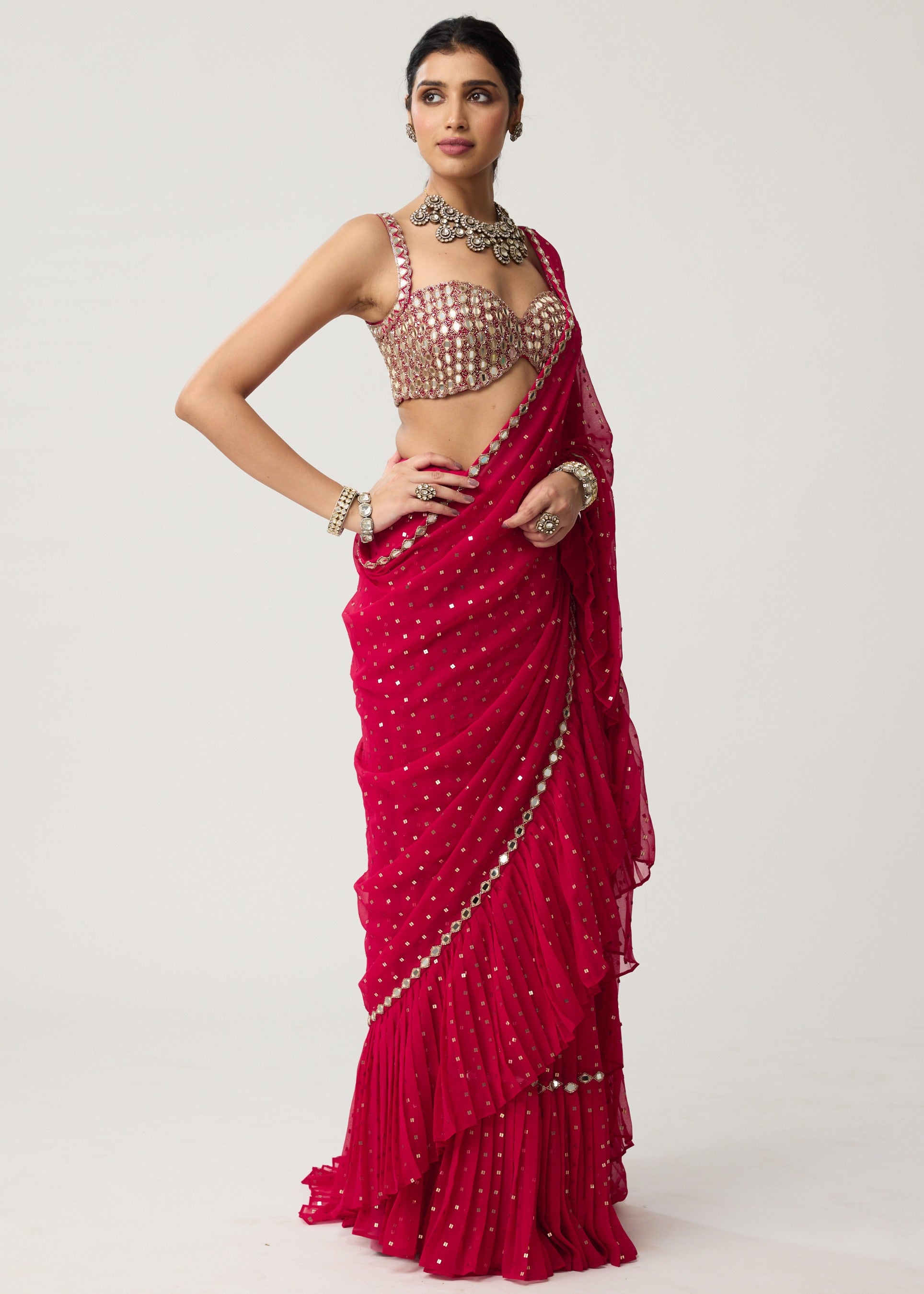 Crimson Red Ruffle Sequins Mirror Sari Set