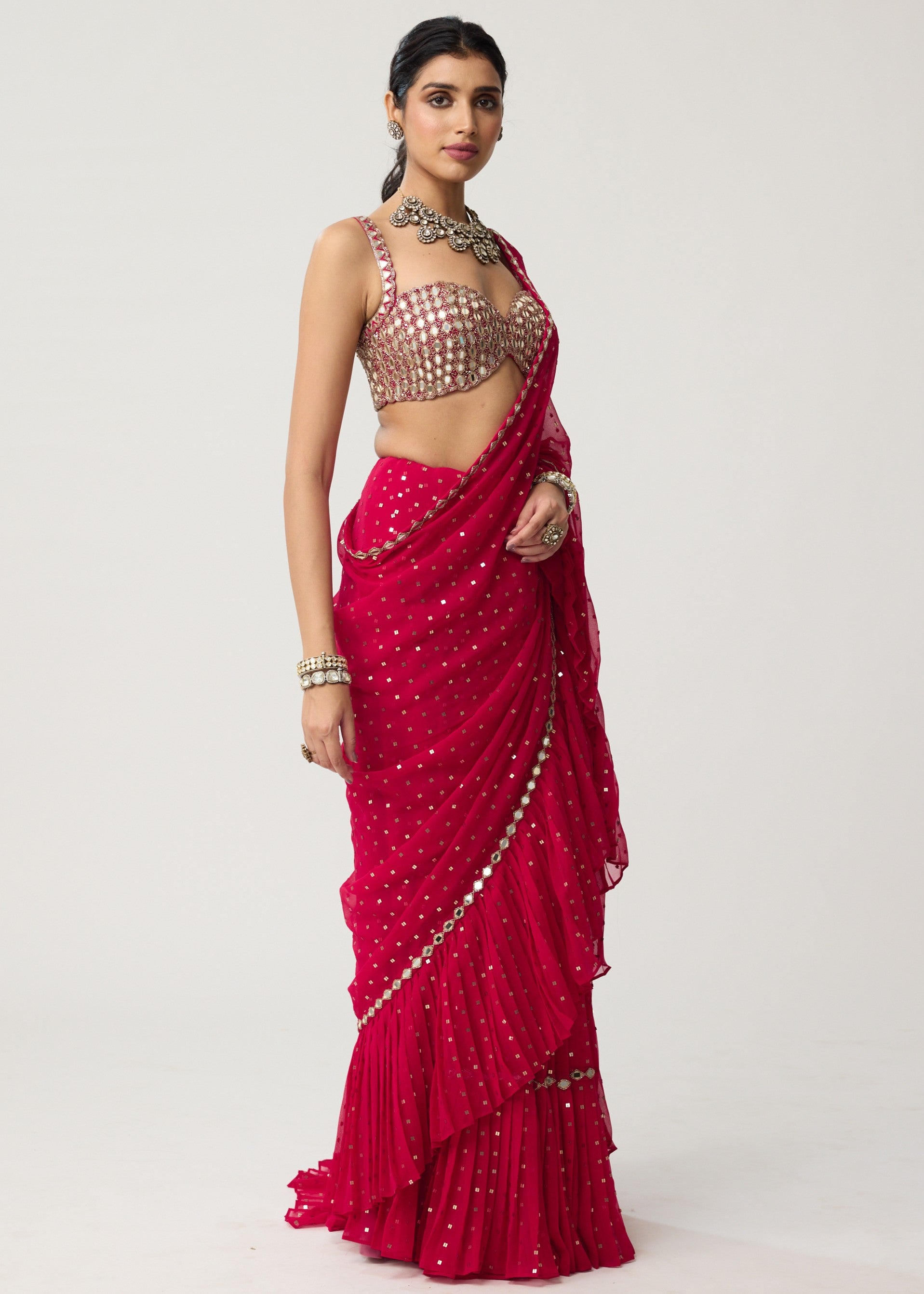 Crimson Red Ruffle Sequins Mirror Sari Set