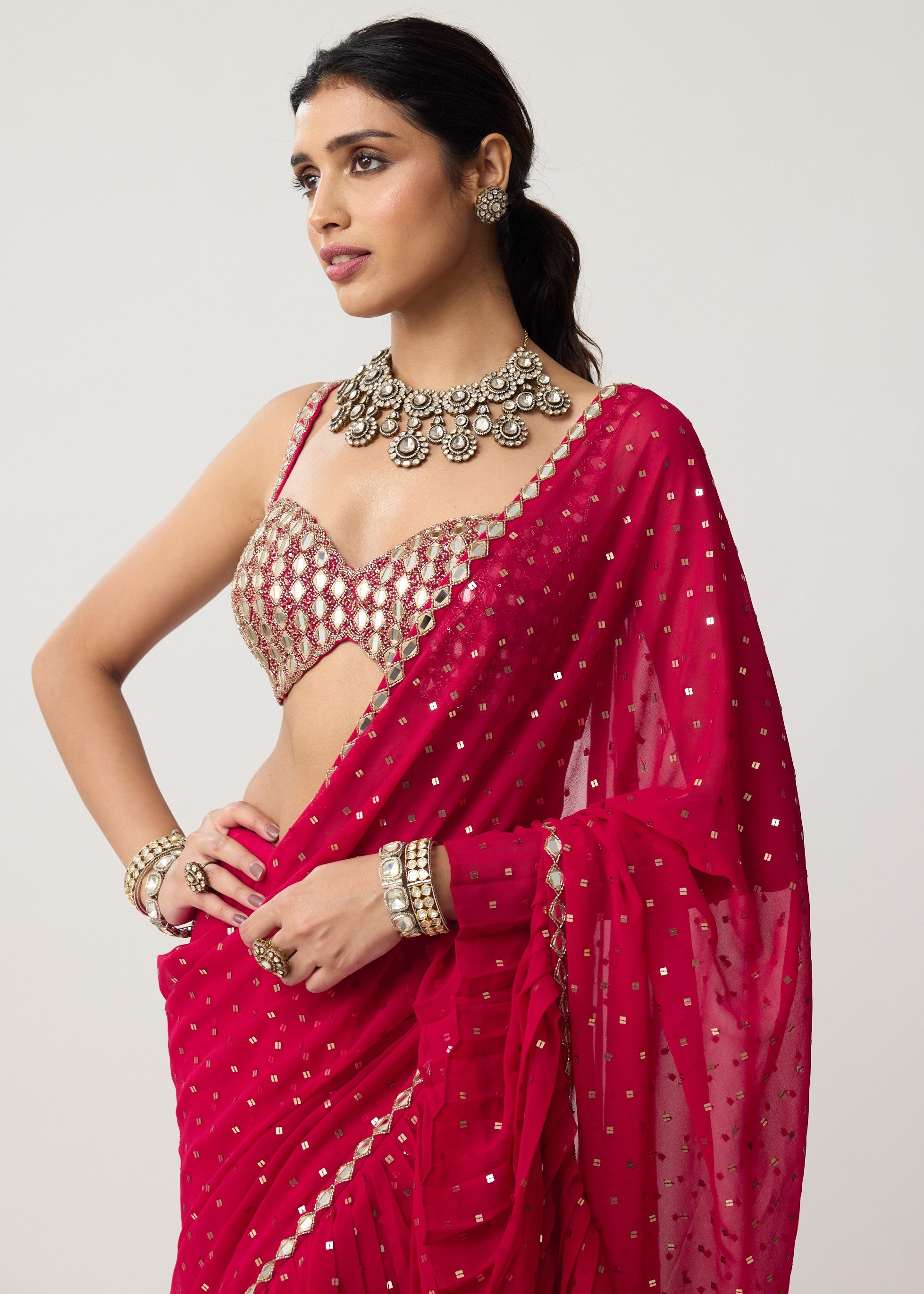 Crimson Red Ruffle Sequins Mirror Sari Set