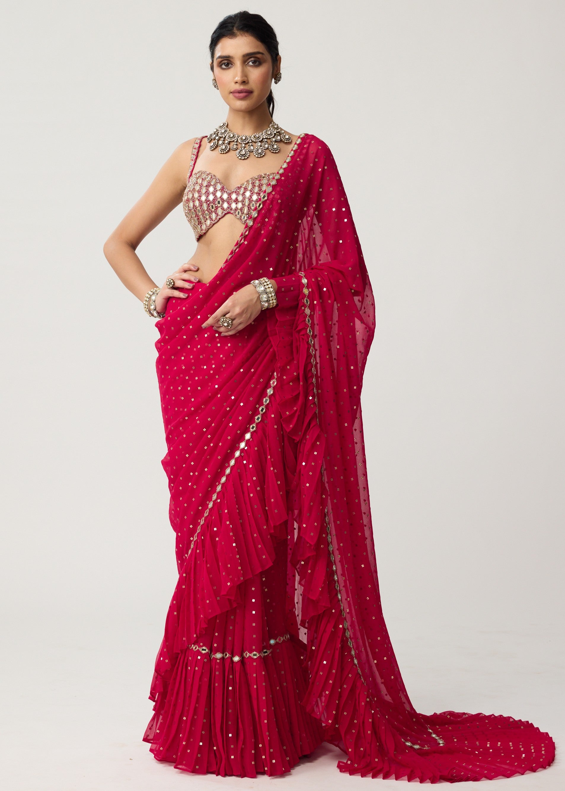 Crimson Red Ruffle Sequins Mirror Sari Set