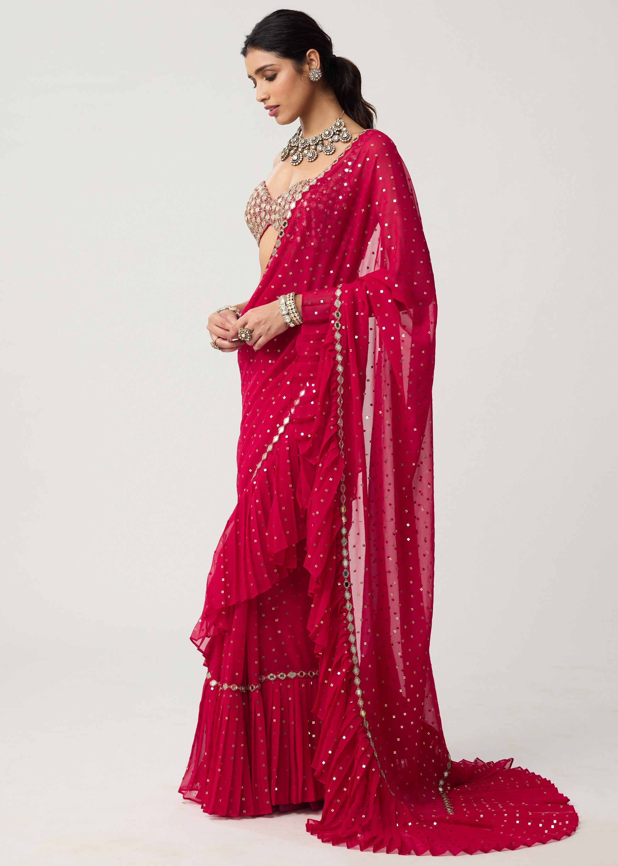 Crimson Red Ruffle Sequins Mirror Sari Set
