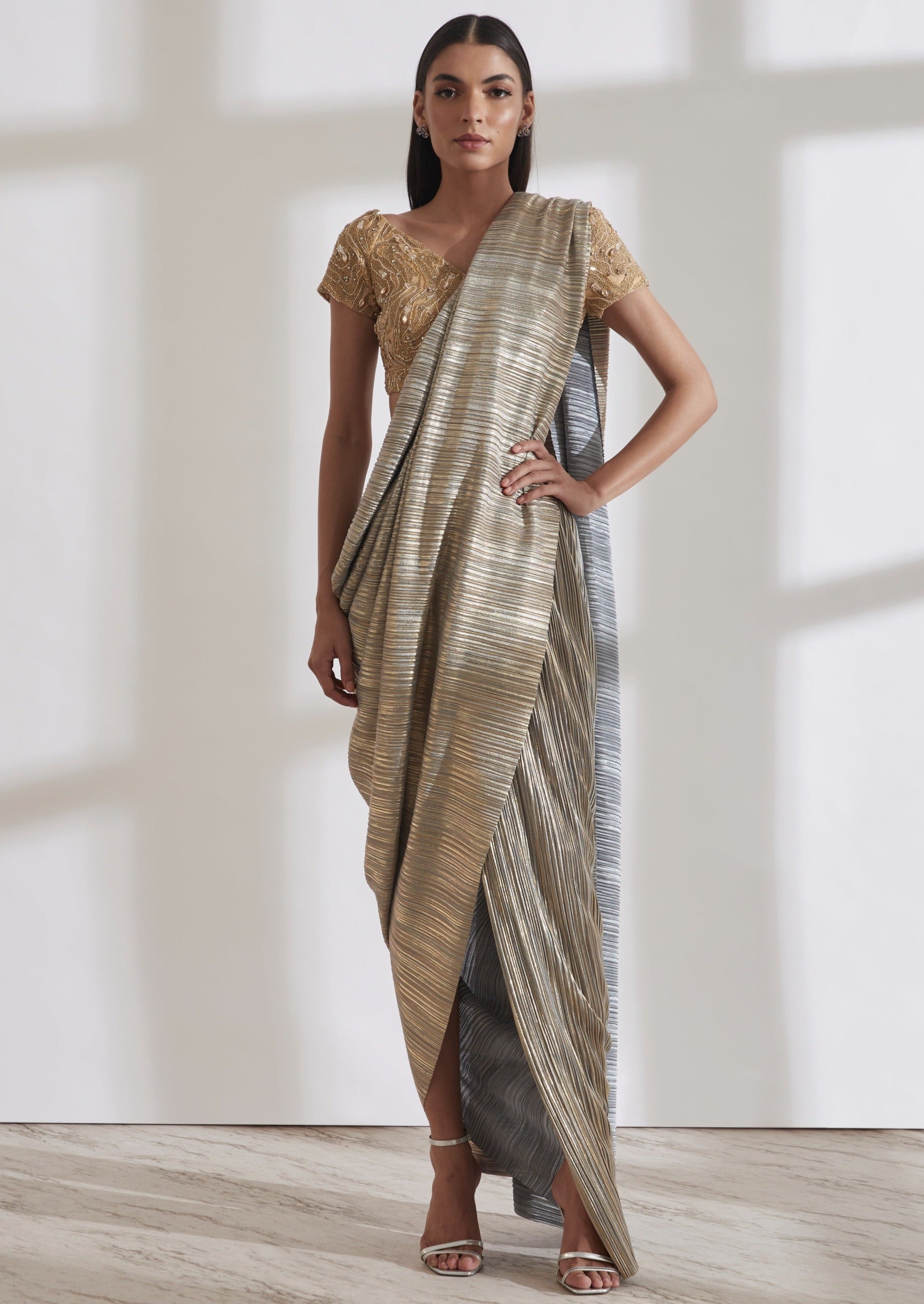 Gold Metallic 2.0 Sari with River Flow Nikki Blouse