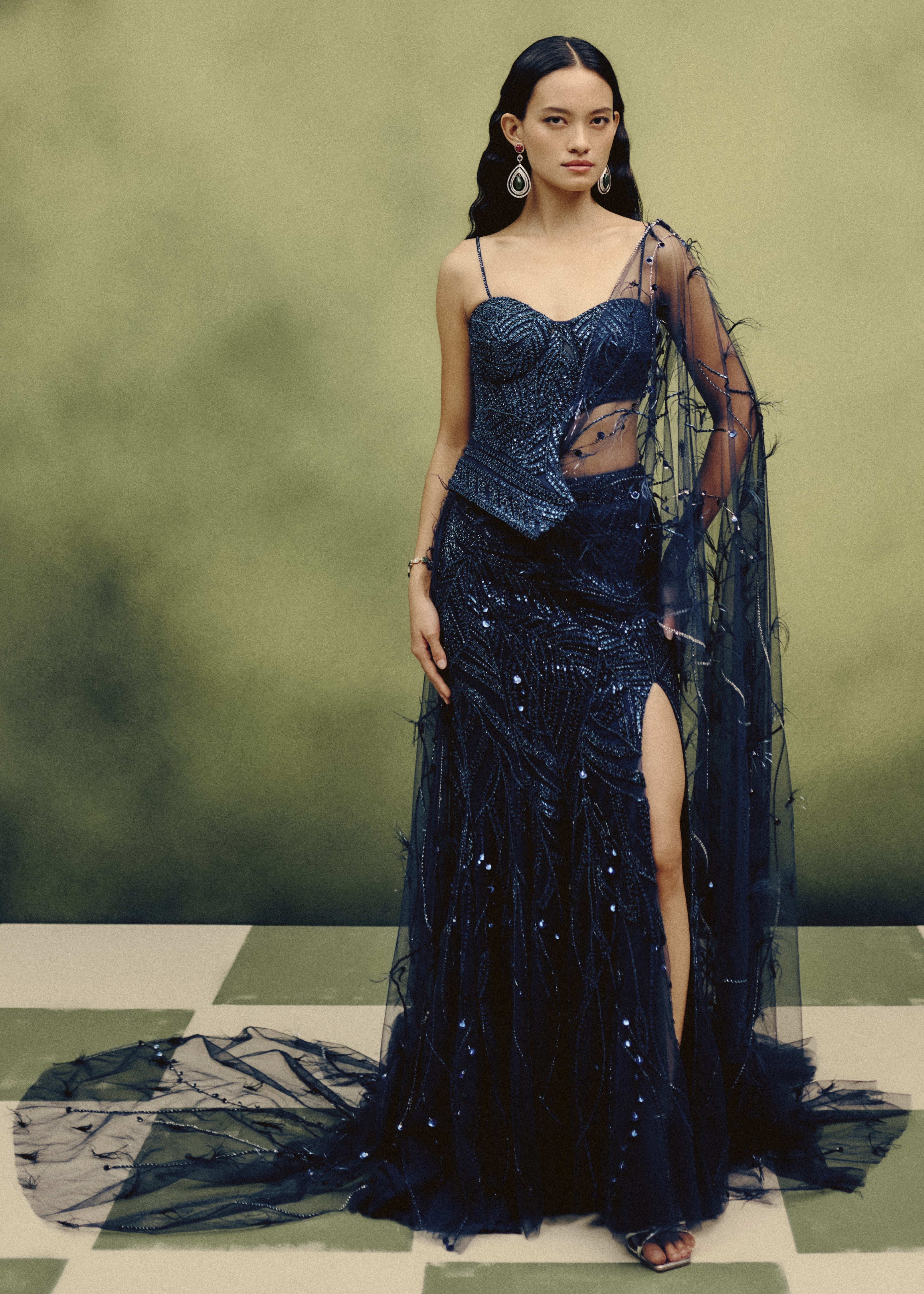Celeste Plume Corset & Skirt Set With A Drape Dupatta
