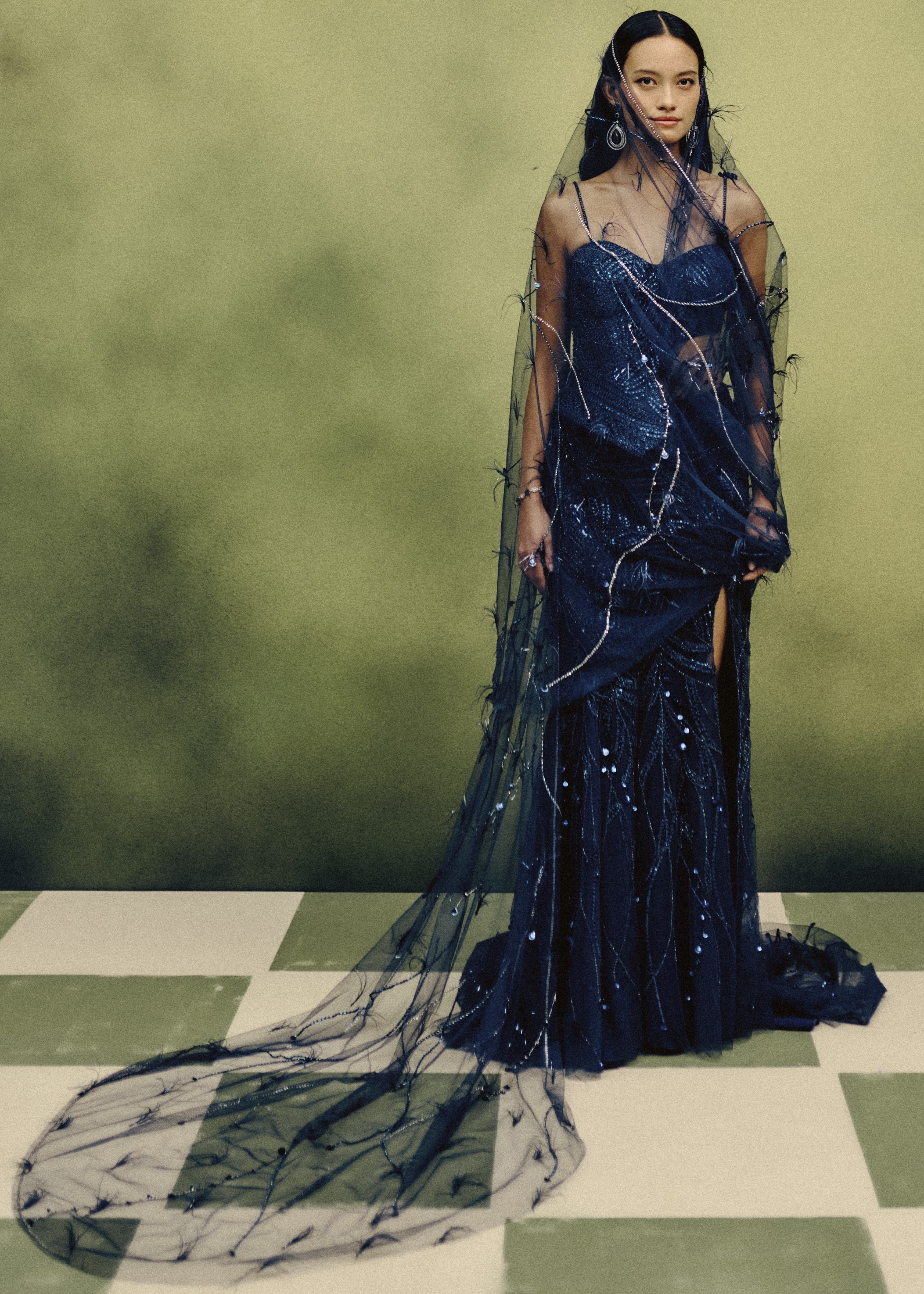 Celeste Plume Corset & Skirt Set With A Drape Dupatta