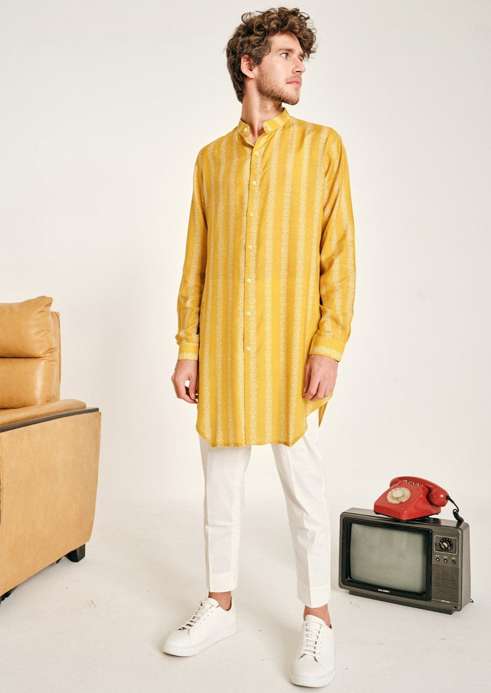 Yellow Chevron Stripe Malai Cotton Kurta Pajama Set