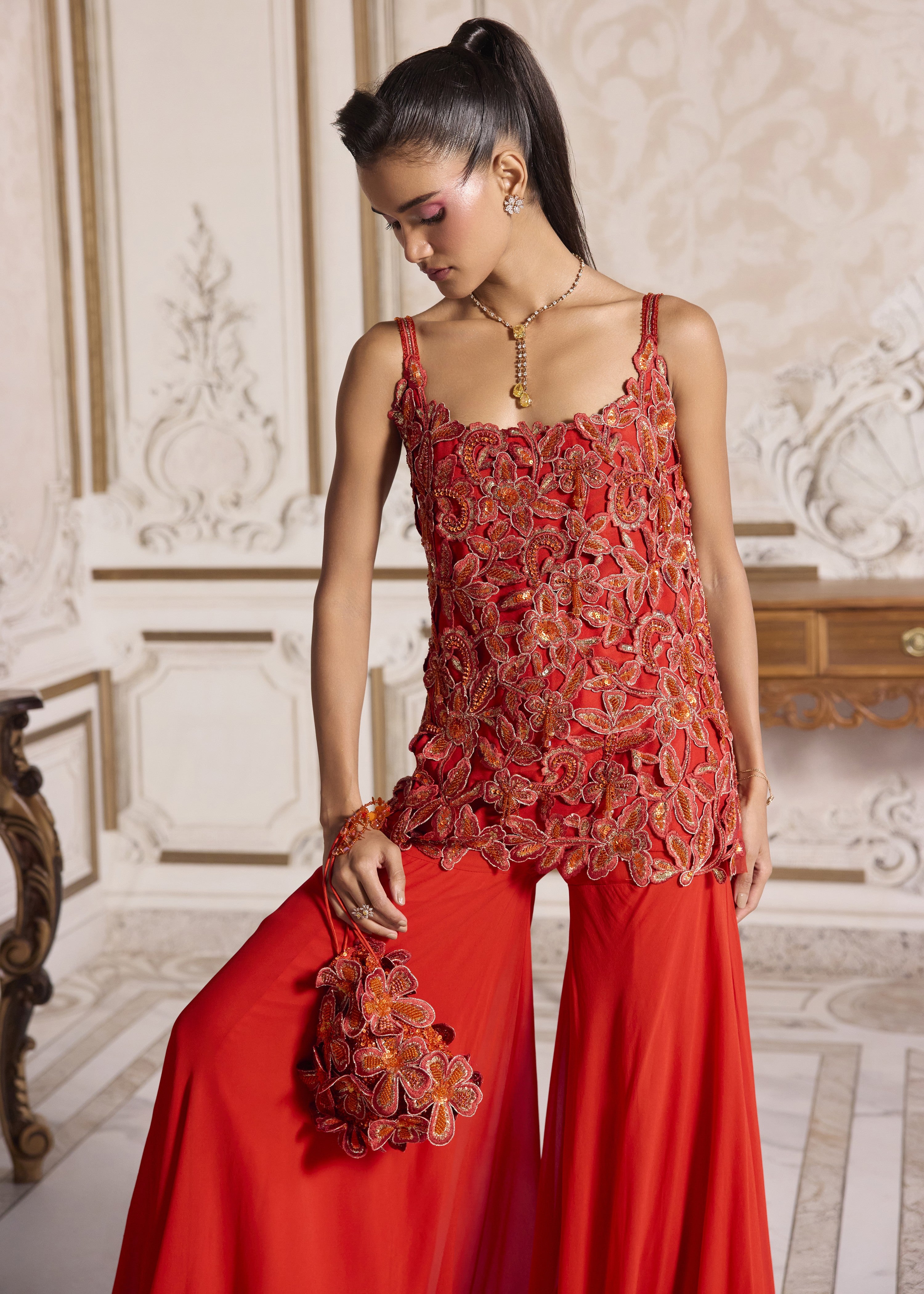 Rust Cut-work Kurta And Sharara