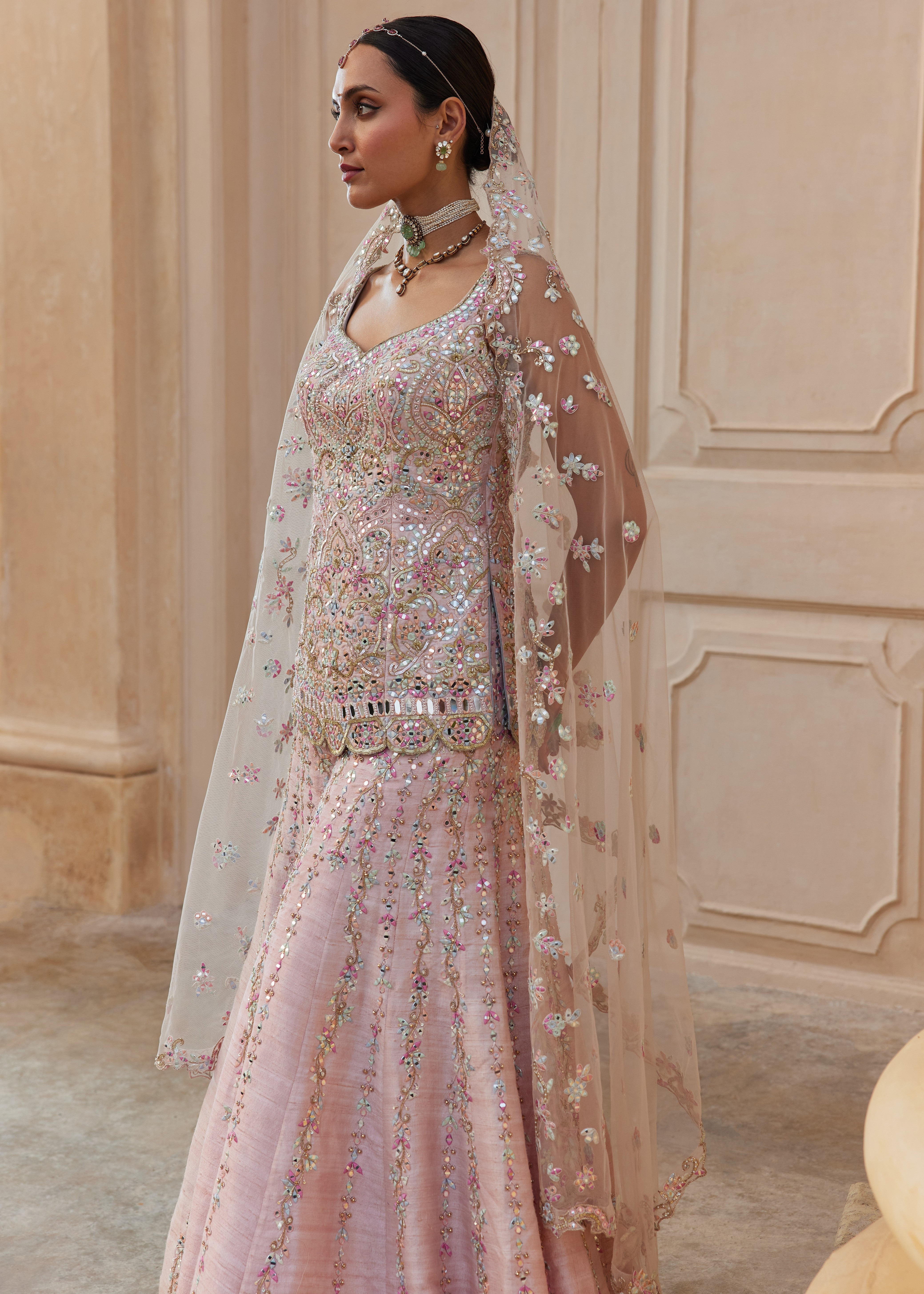 Pink Raw Silk Mirror Sharara Set