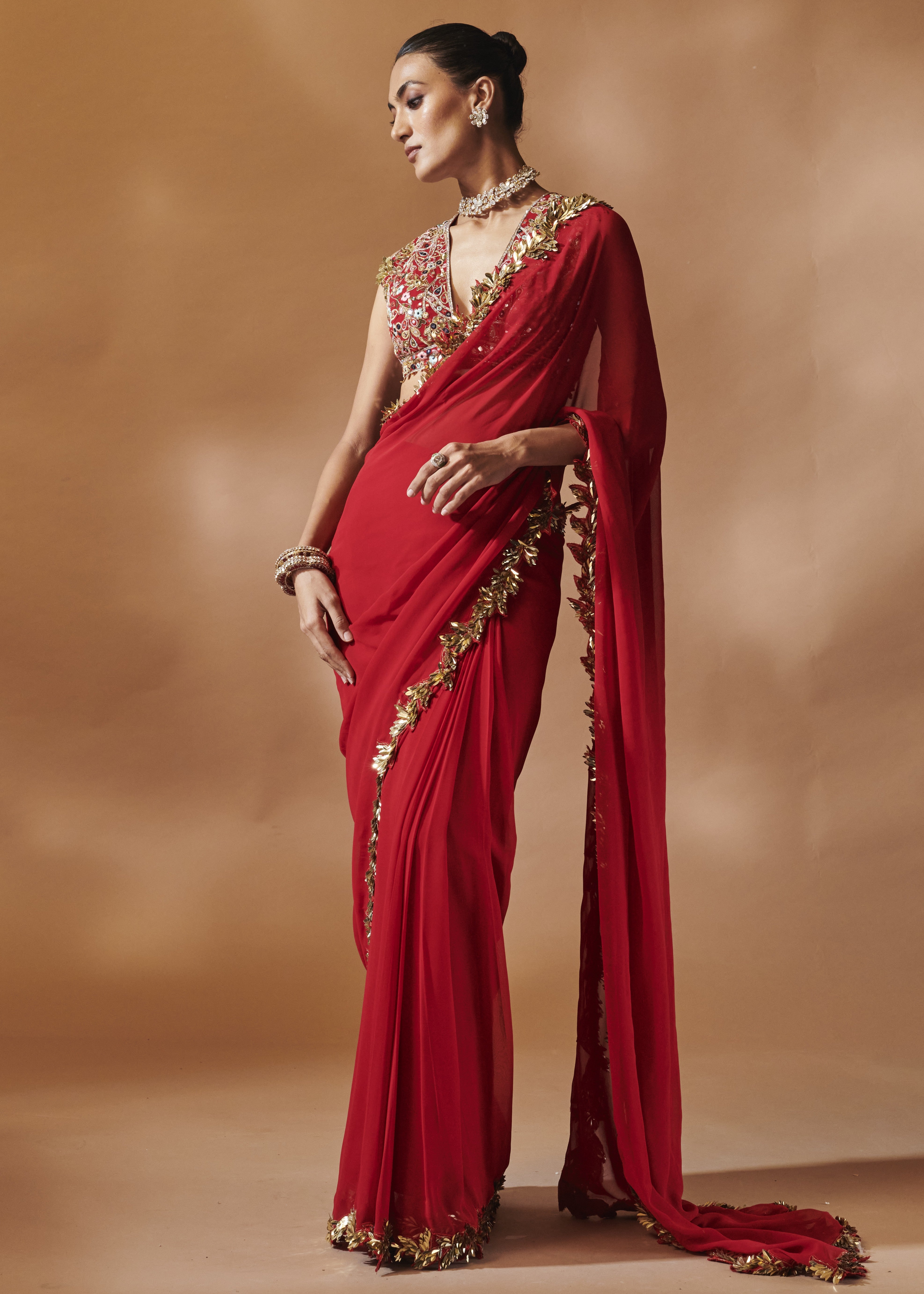 Red and Gold Embroidered Sari Set