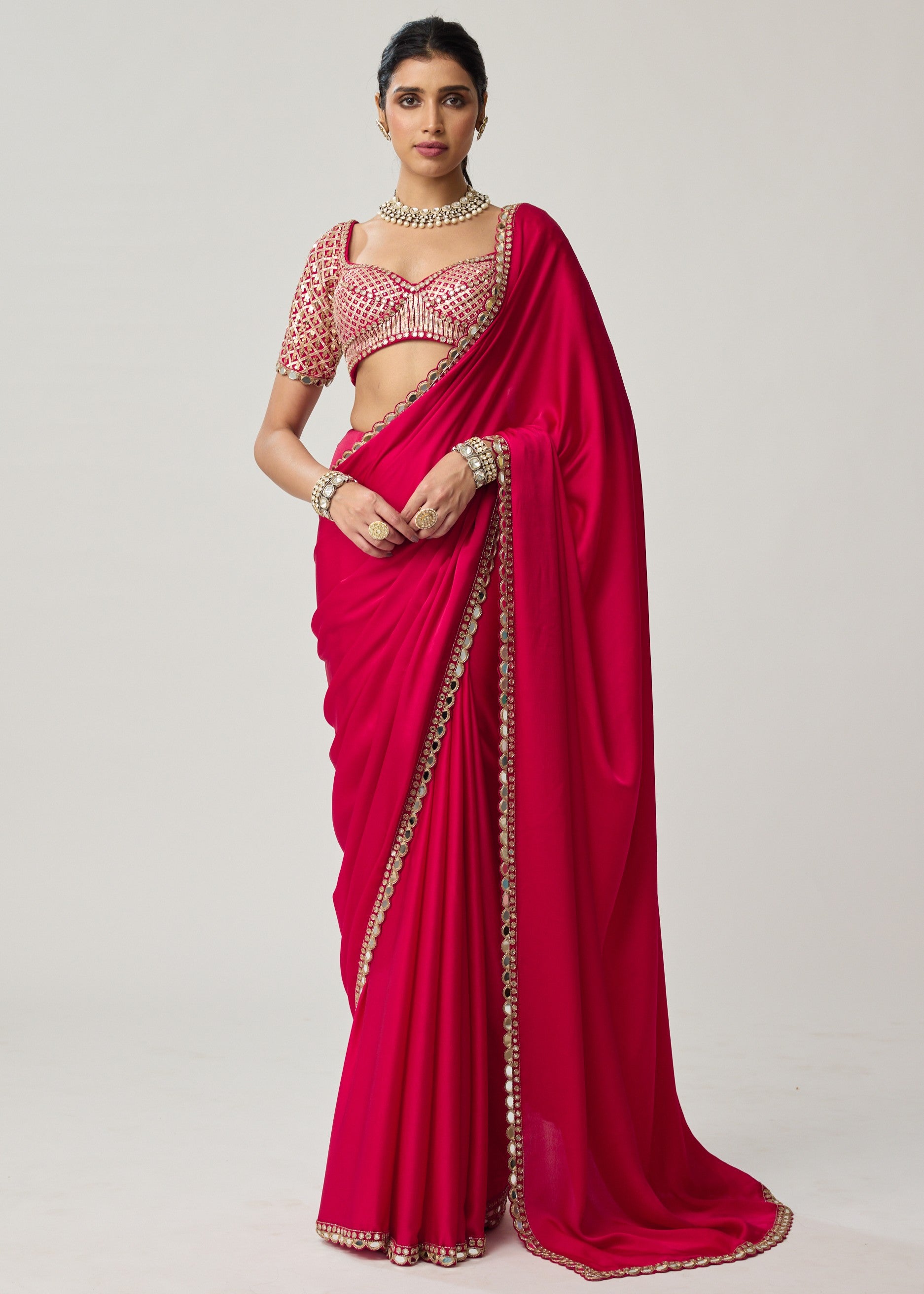 Crimson Red Gota Mirror Satin Sari Set