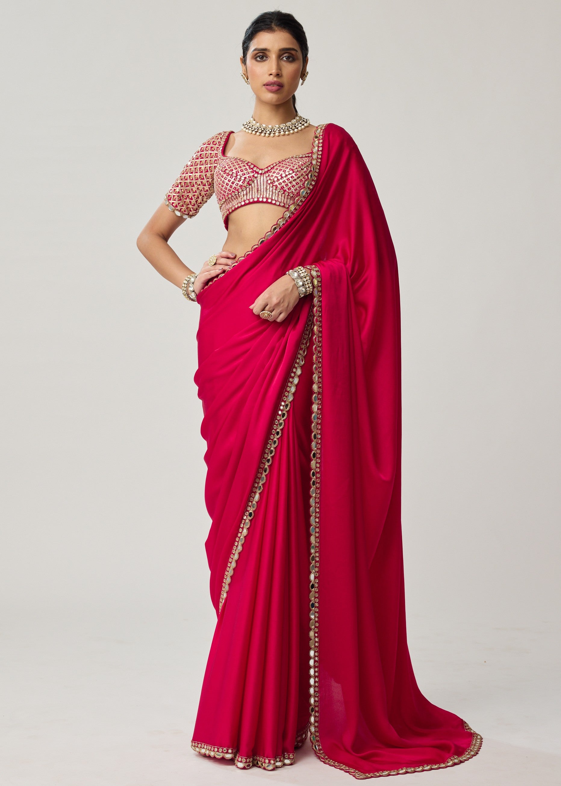 Crimson Red Gota Mirror Satin Sari Set
