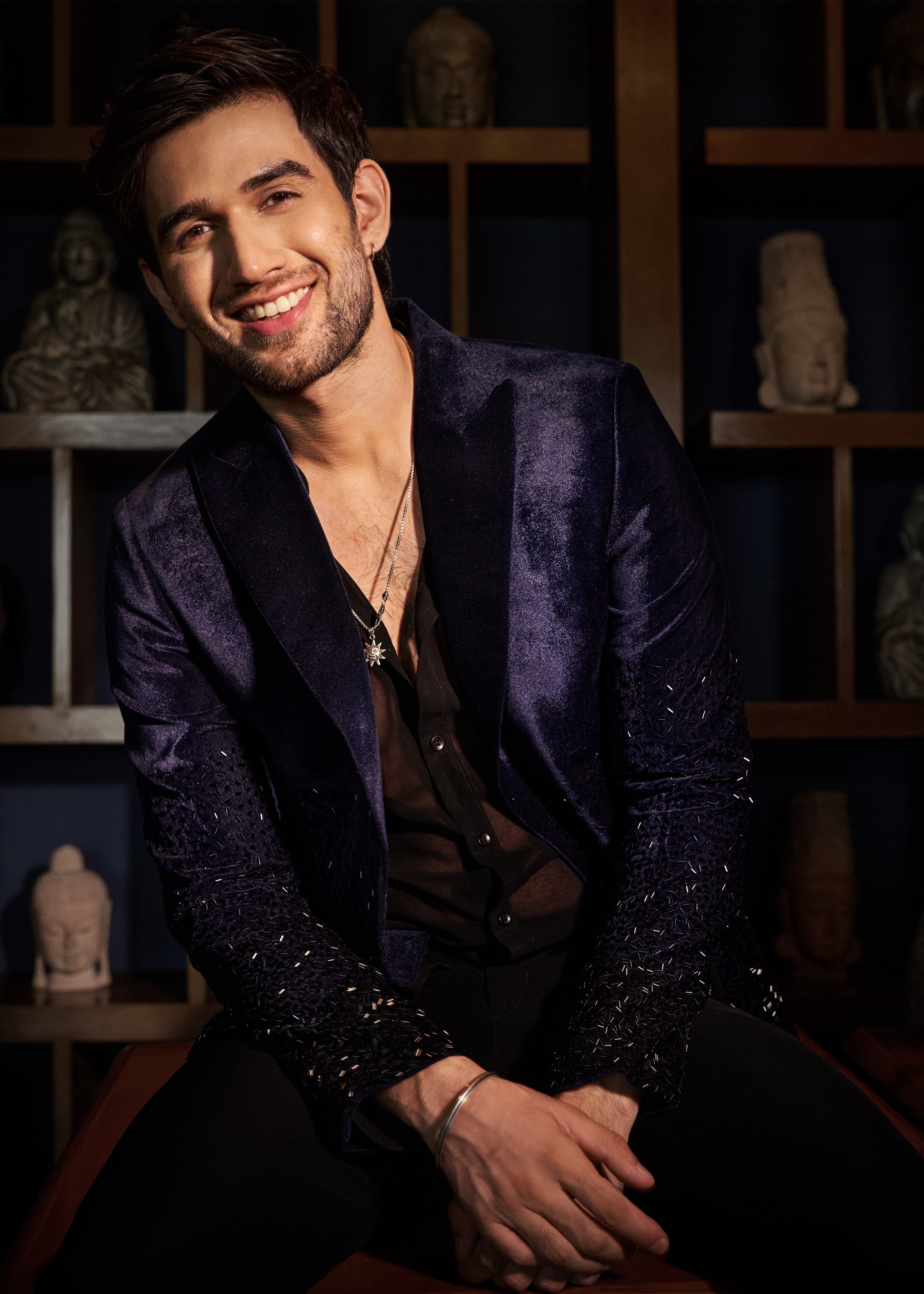 Navy Blue Velvet Cutdana Work Jacket