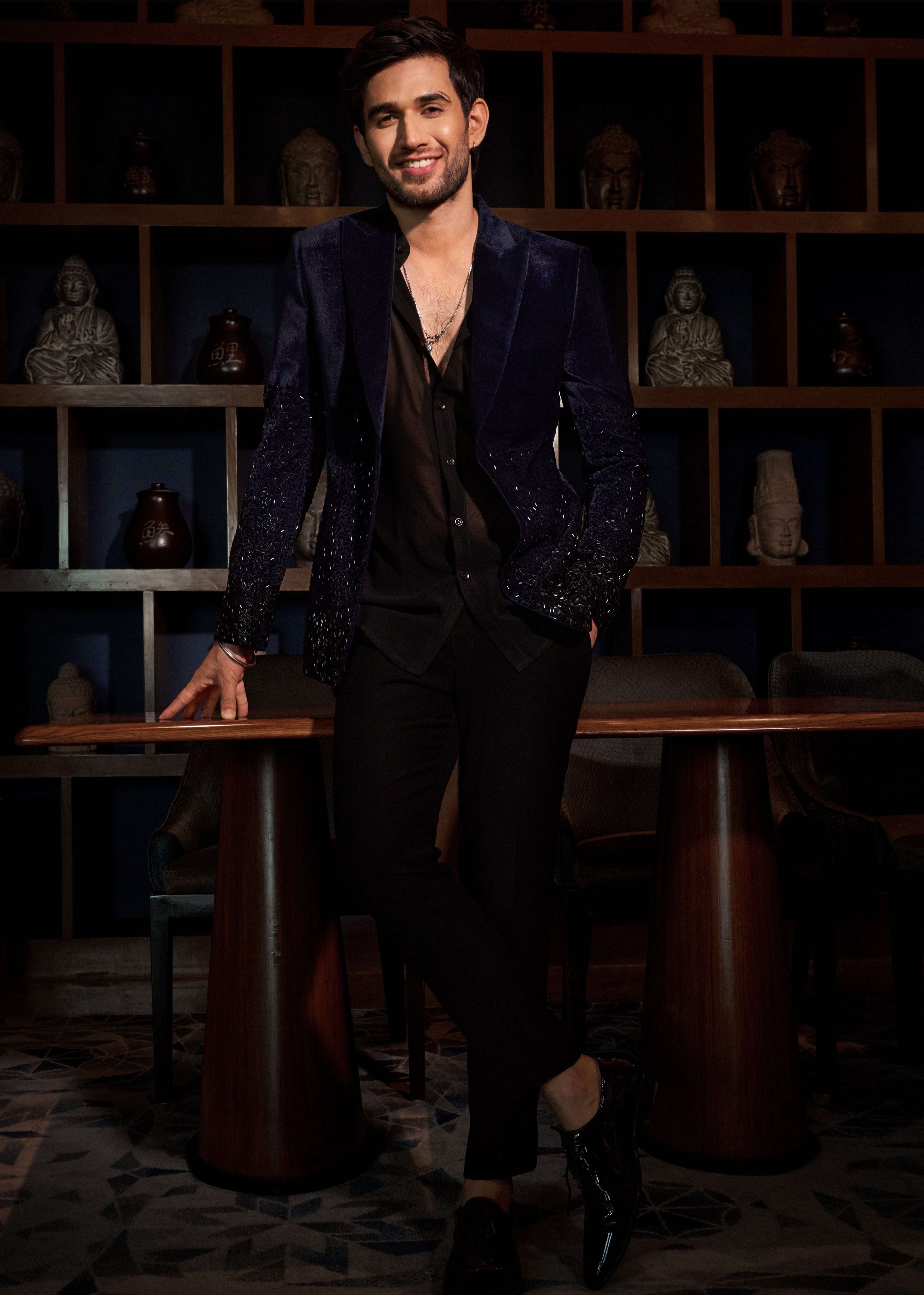 Navy Blue Velvet Cutdana Work Jacket