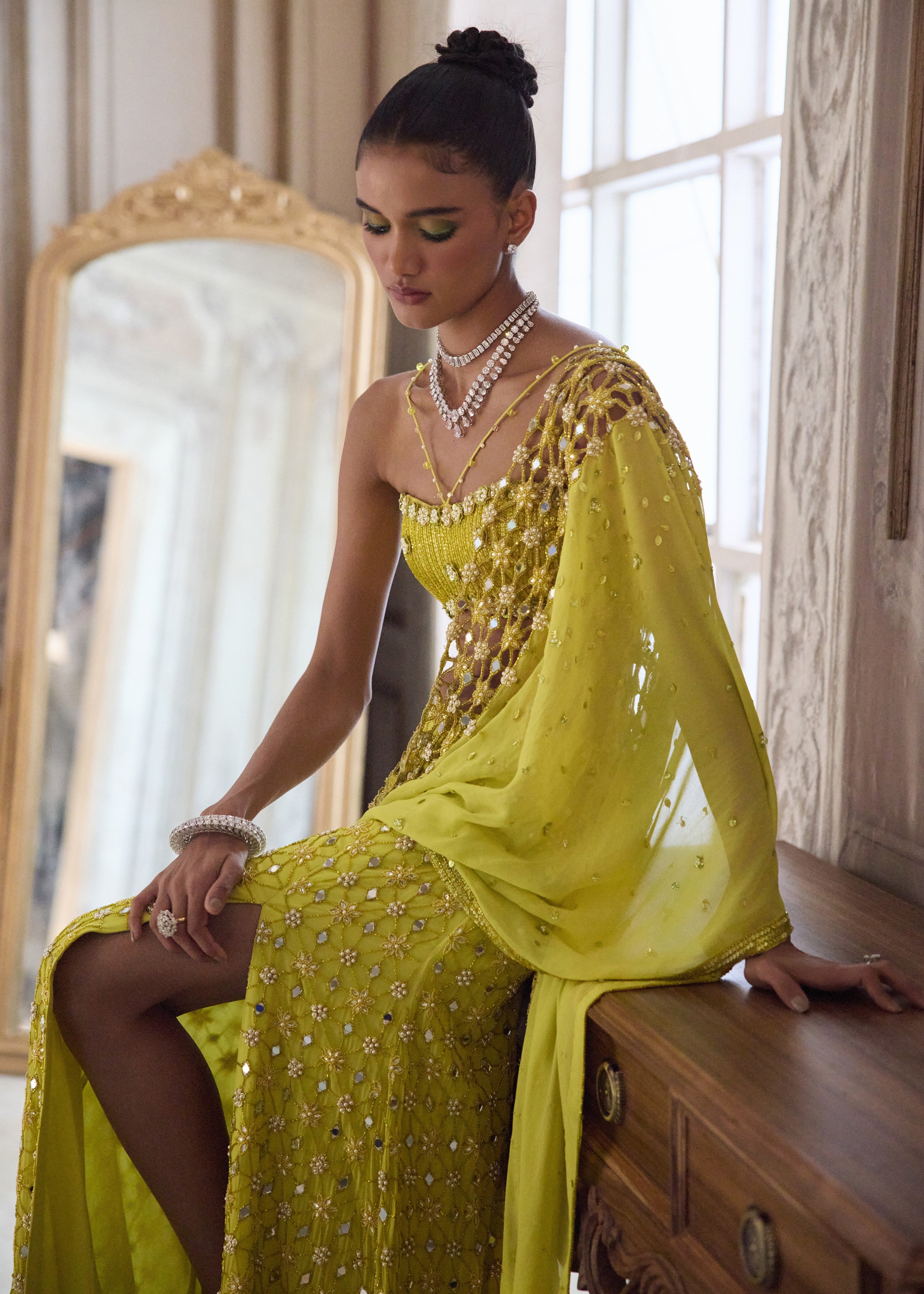 Neon Green Slit Sari With Cut-work Palla