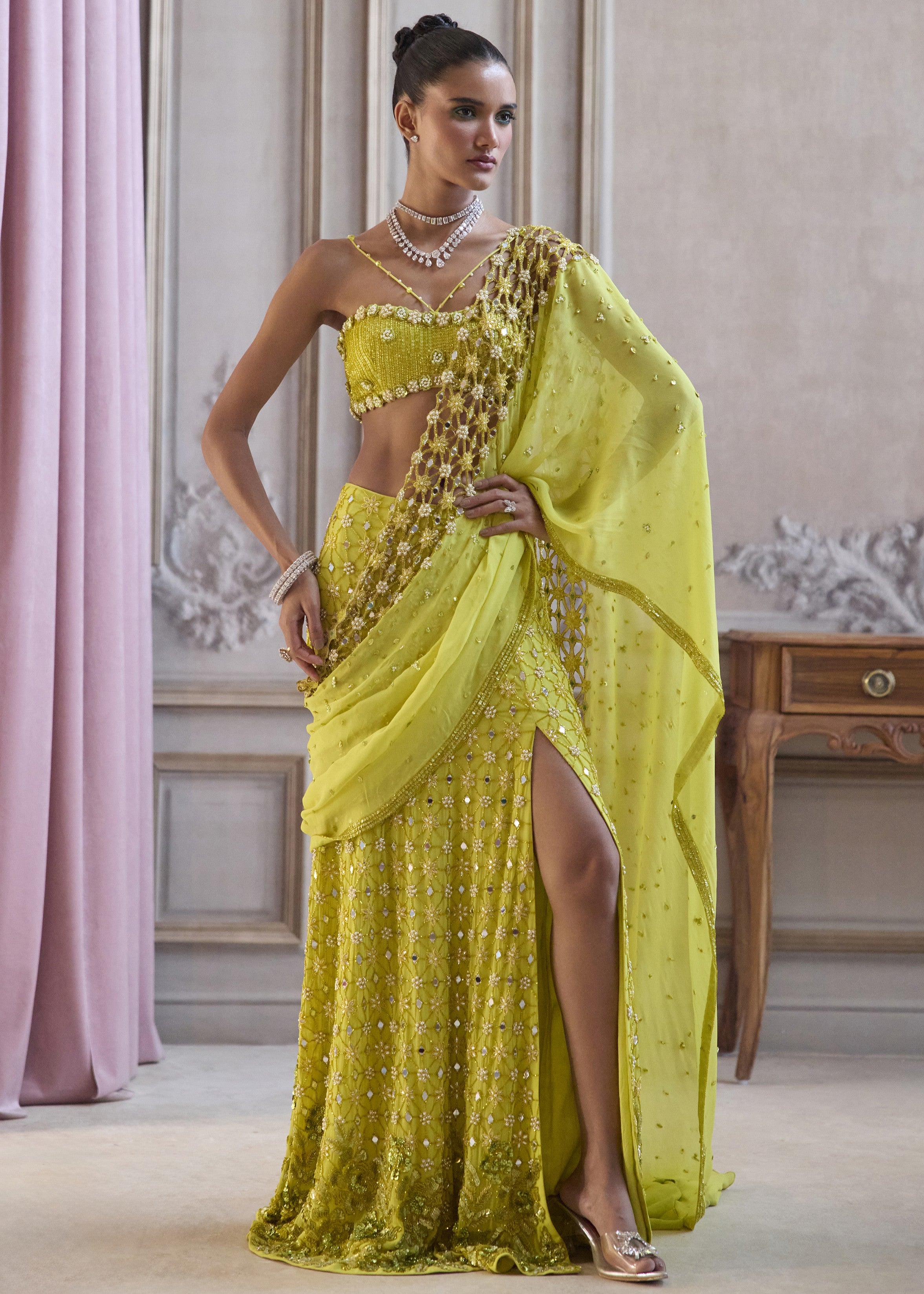 Neon Green Slit Sari With Cut-work Palla