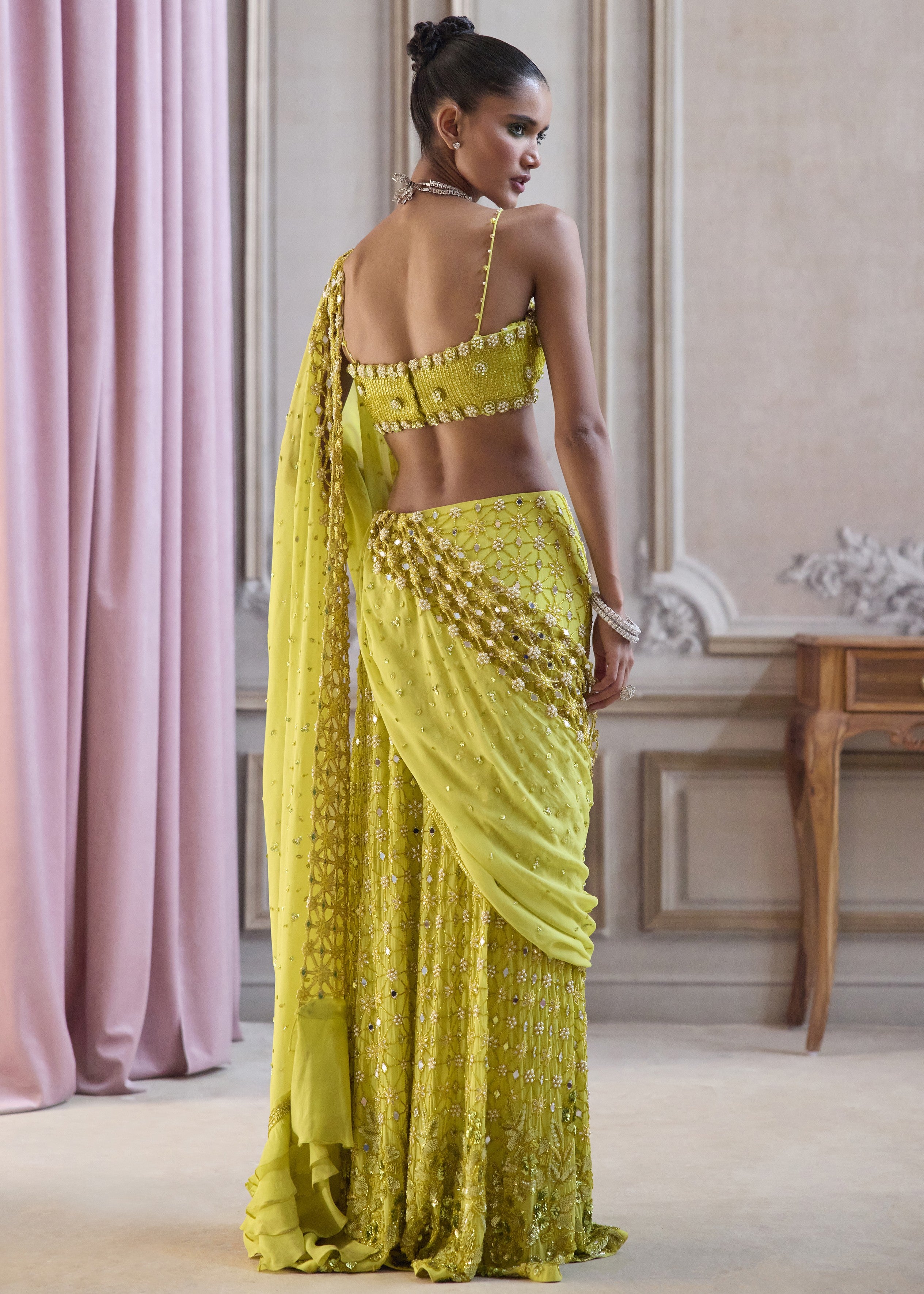 Neon Green Slit Sari With Cut-work Palla