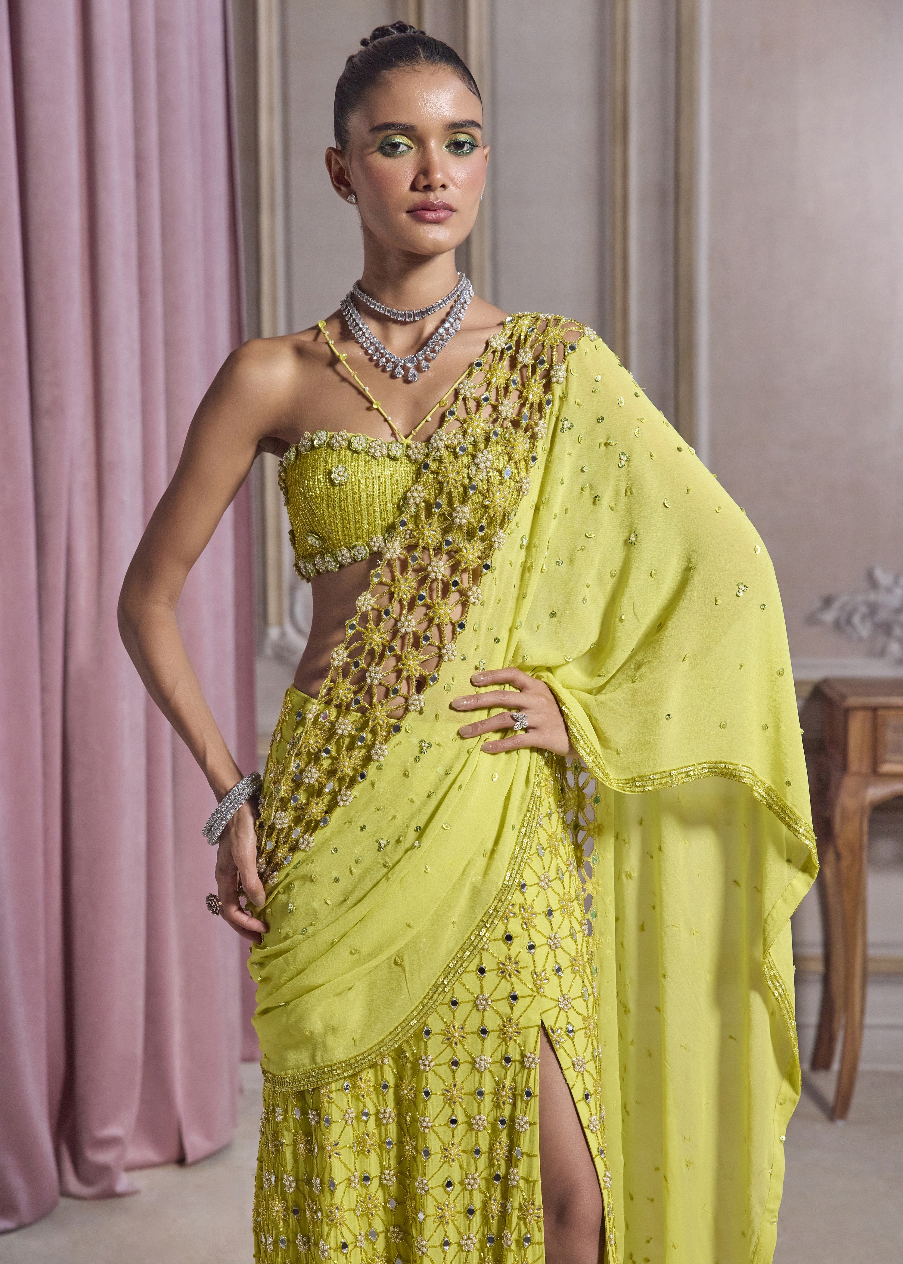 Neon Green Slit Sari With Cut-work Palla