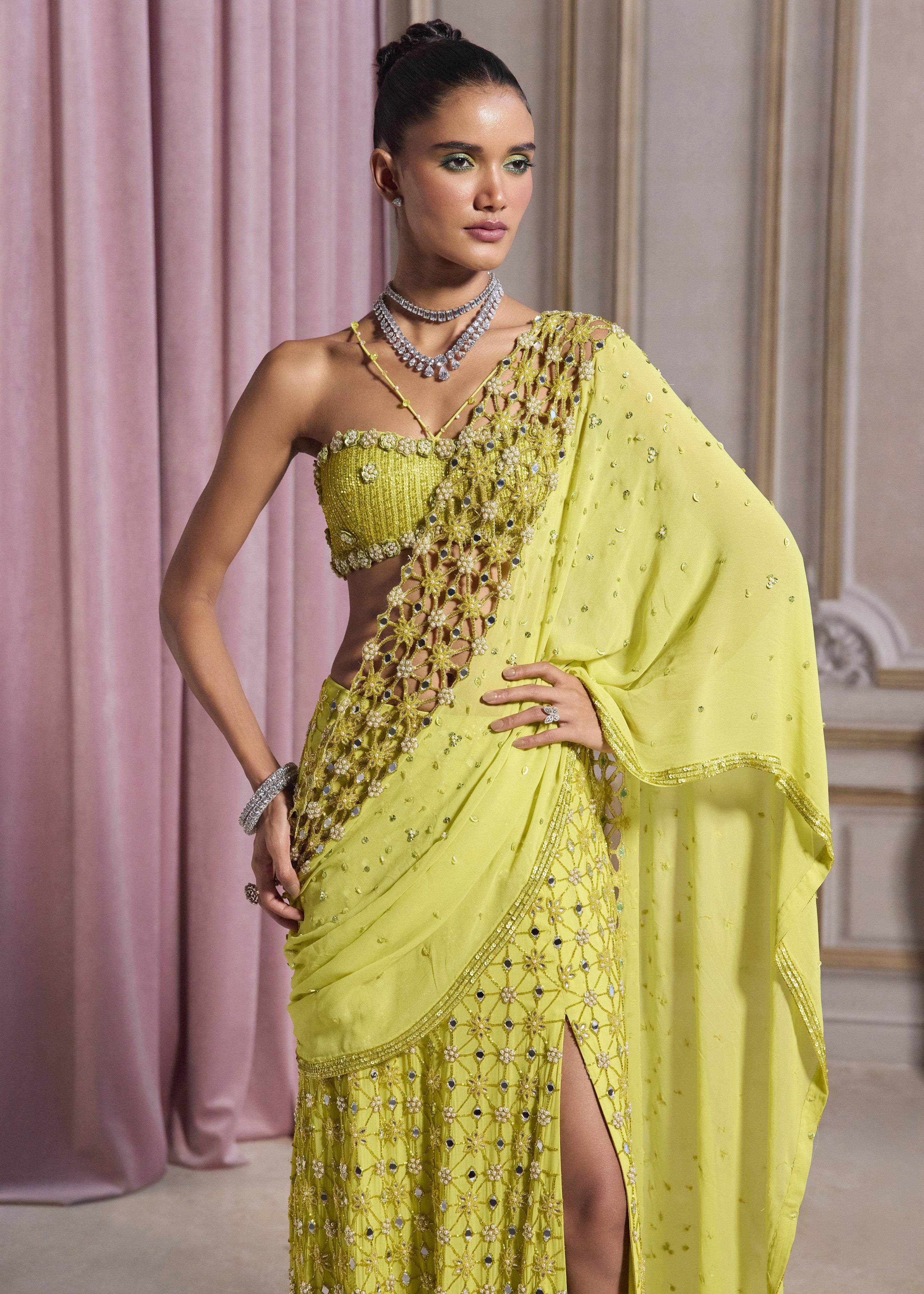 Neon Green Slit Sari With Cut-work Palla
