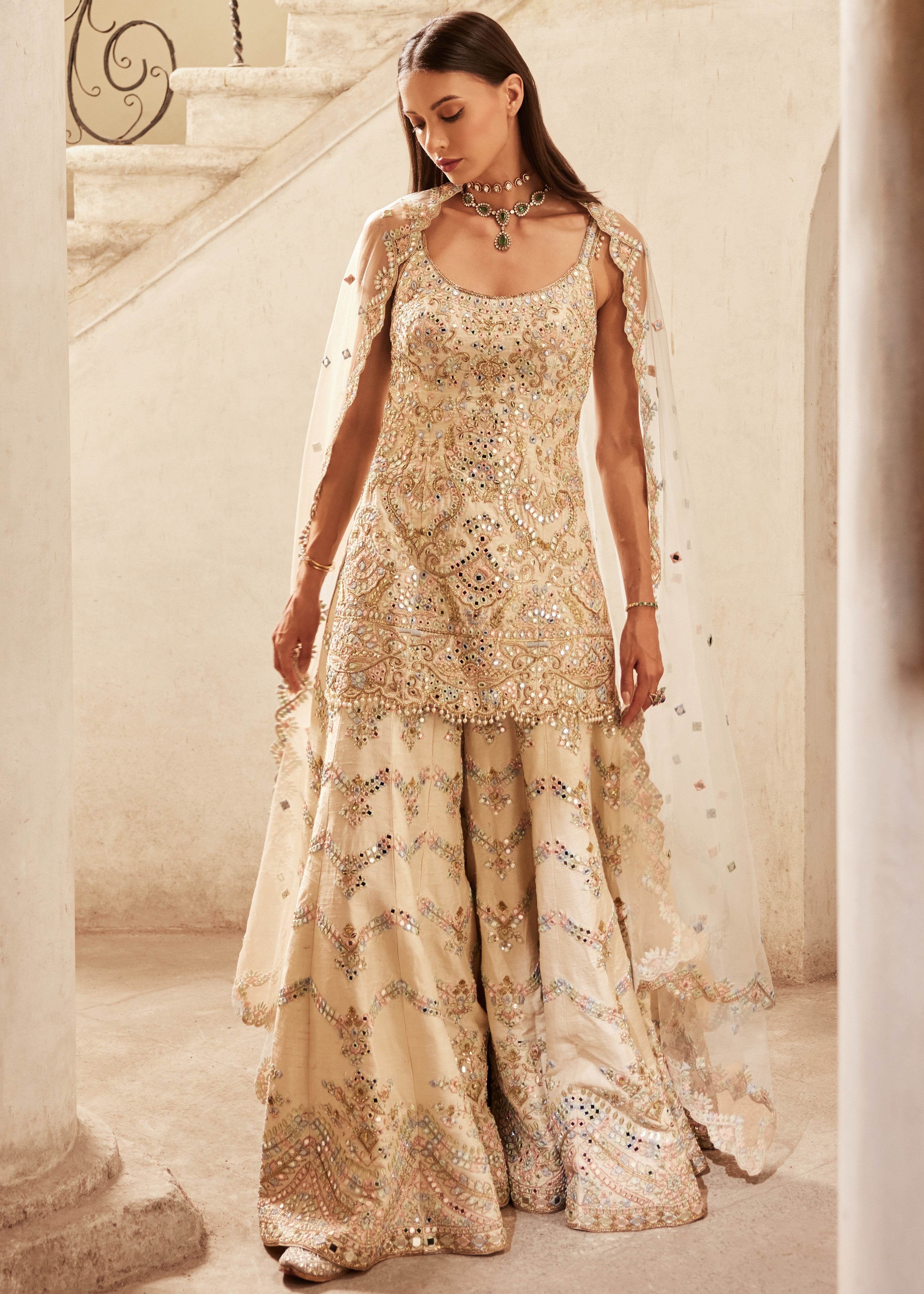 Ivory Chevron Mirror Sharara Set