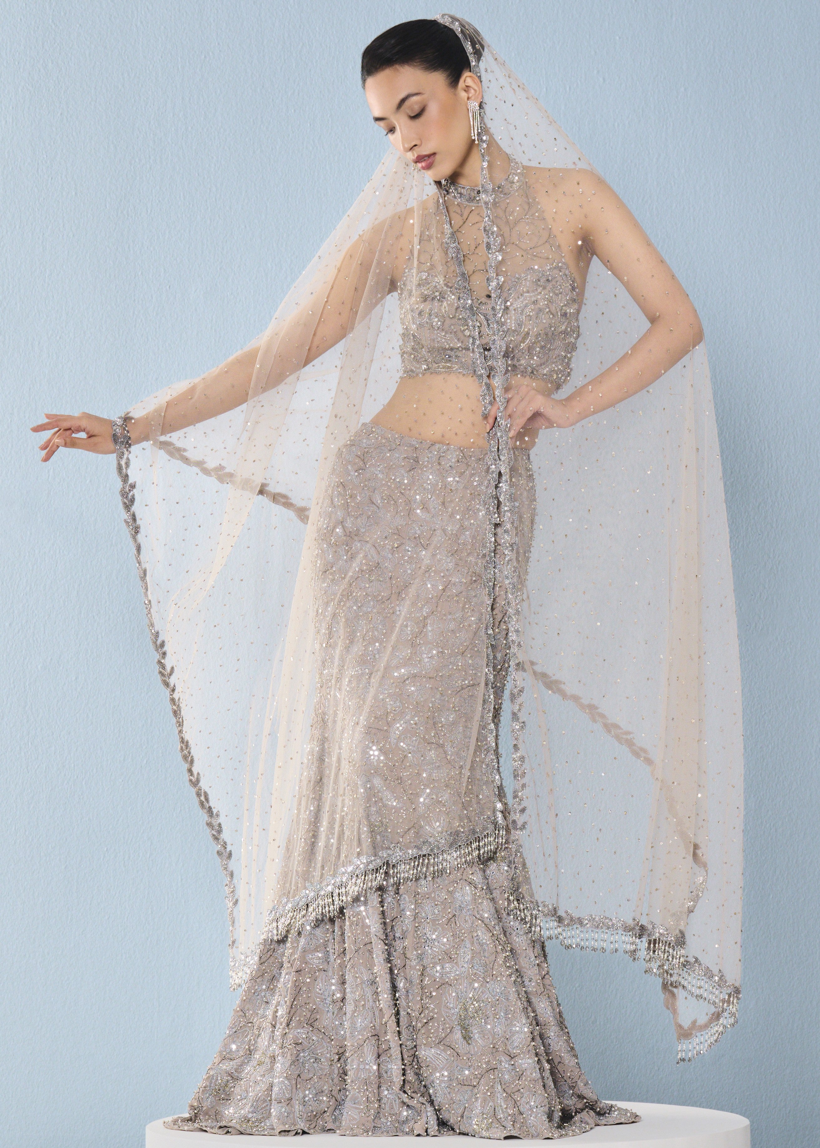 Grey Tulle Fit And Flare Lehenga Set