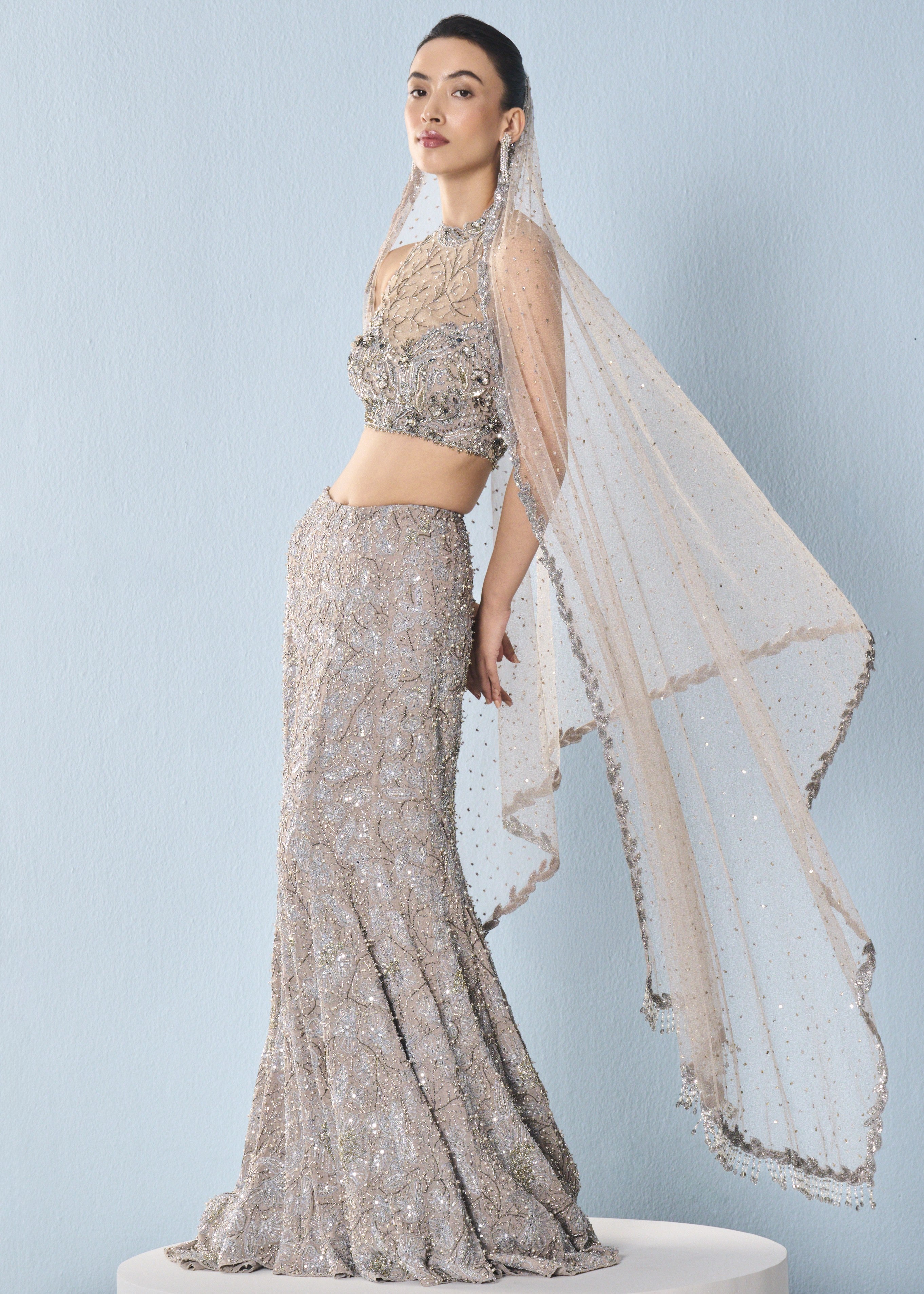 Grey Tulle Fit And Flare Lehenga Set