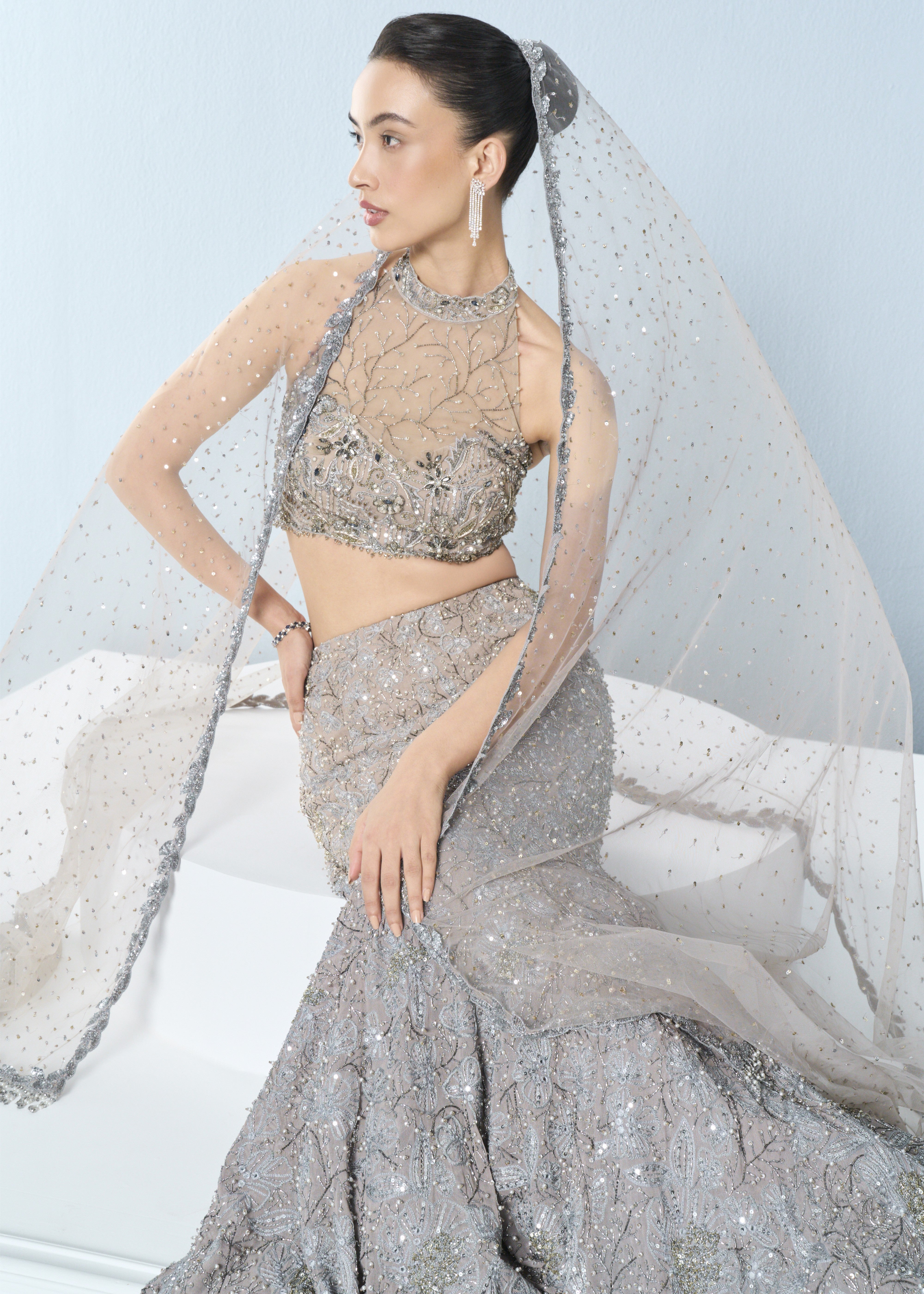 Grey Tulle Fit And Flare Lehenga Set