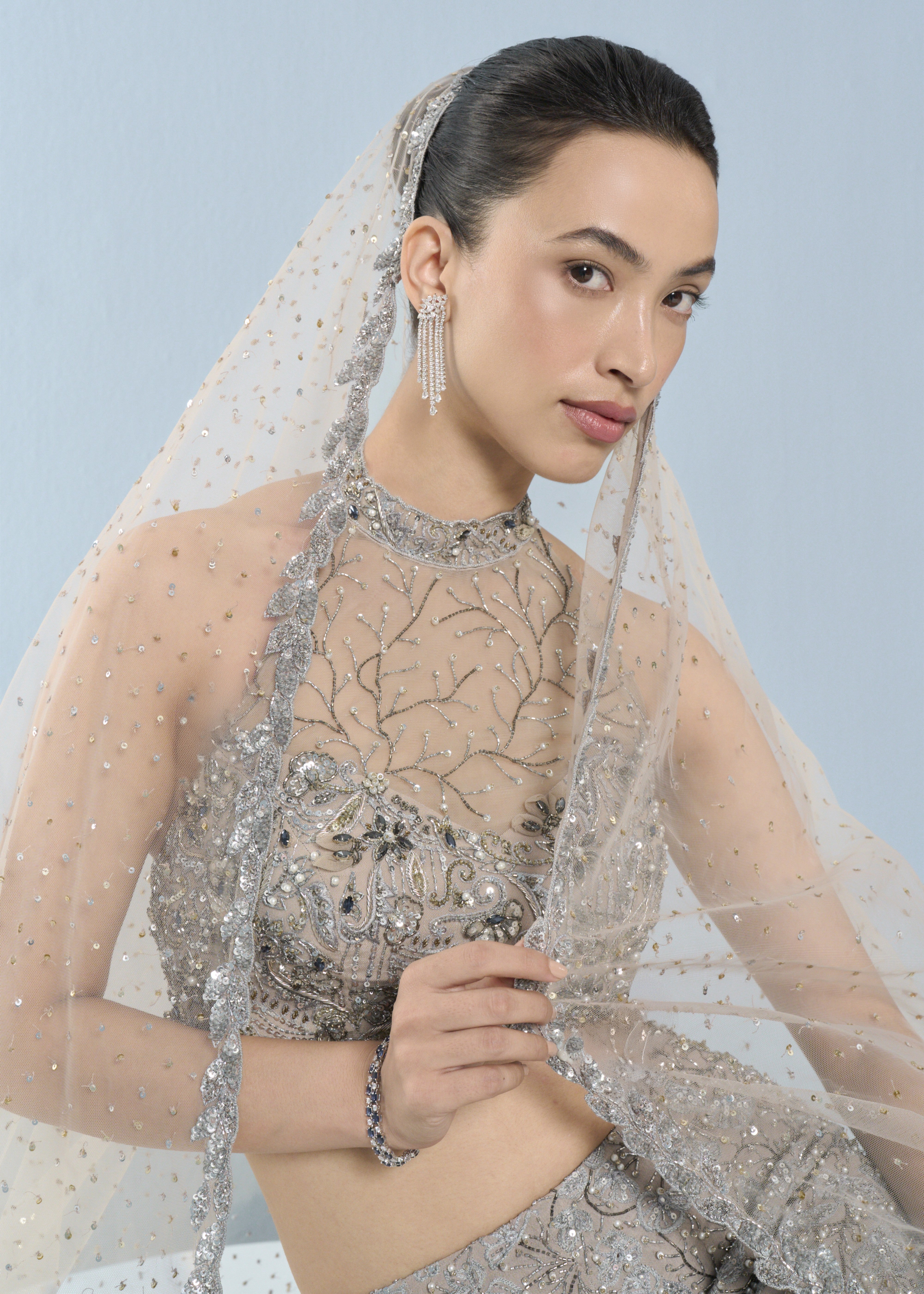 Grey Tulle Fit And Flare Lehenga Set