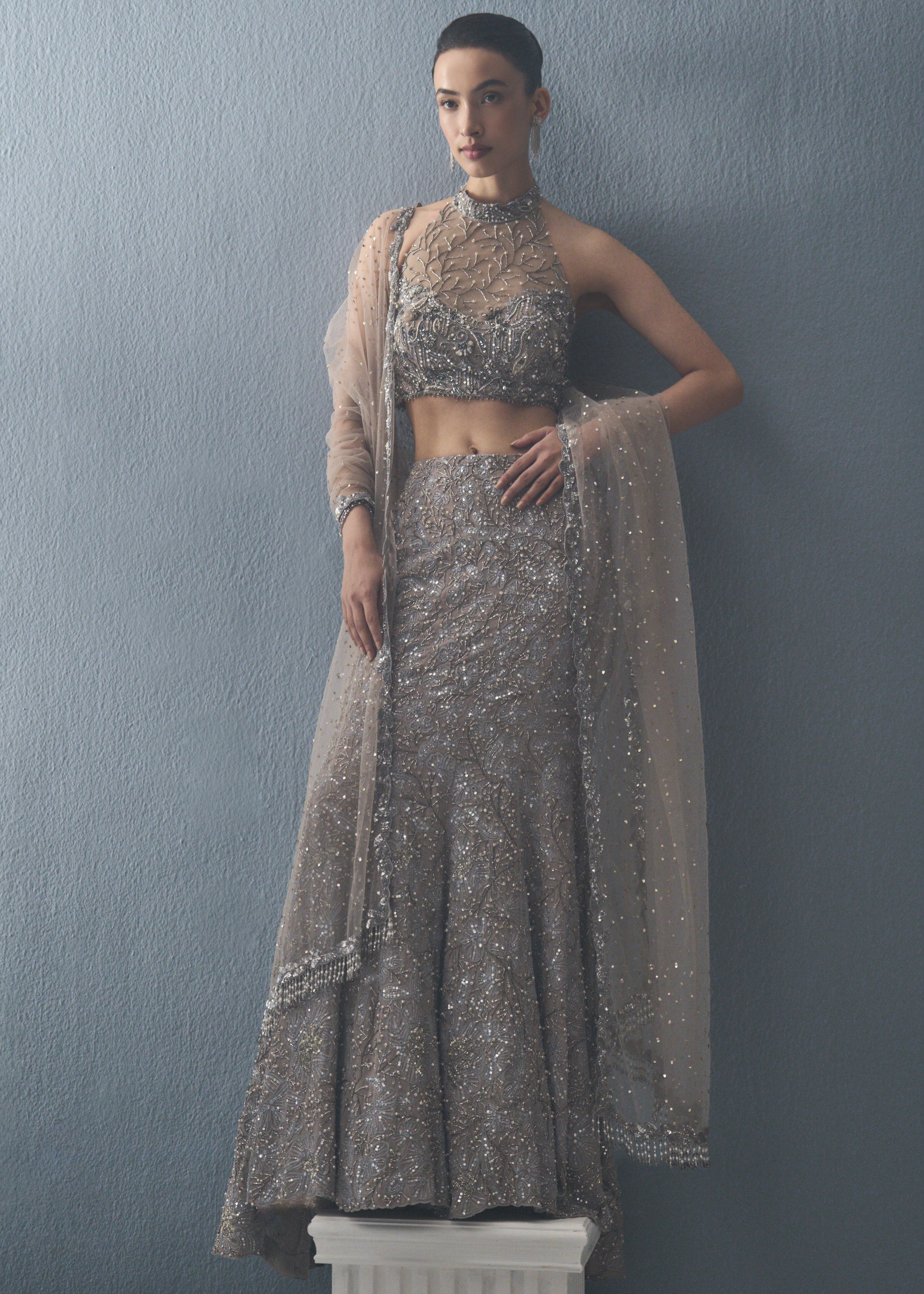 Grey Tulle Fit And Flare Lehenga Set