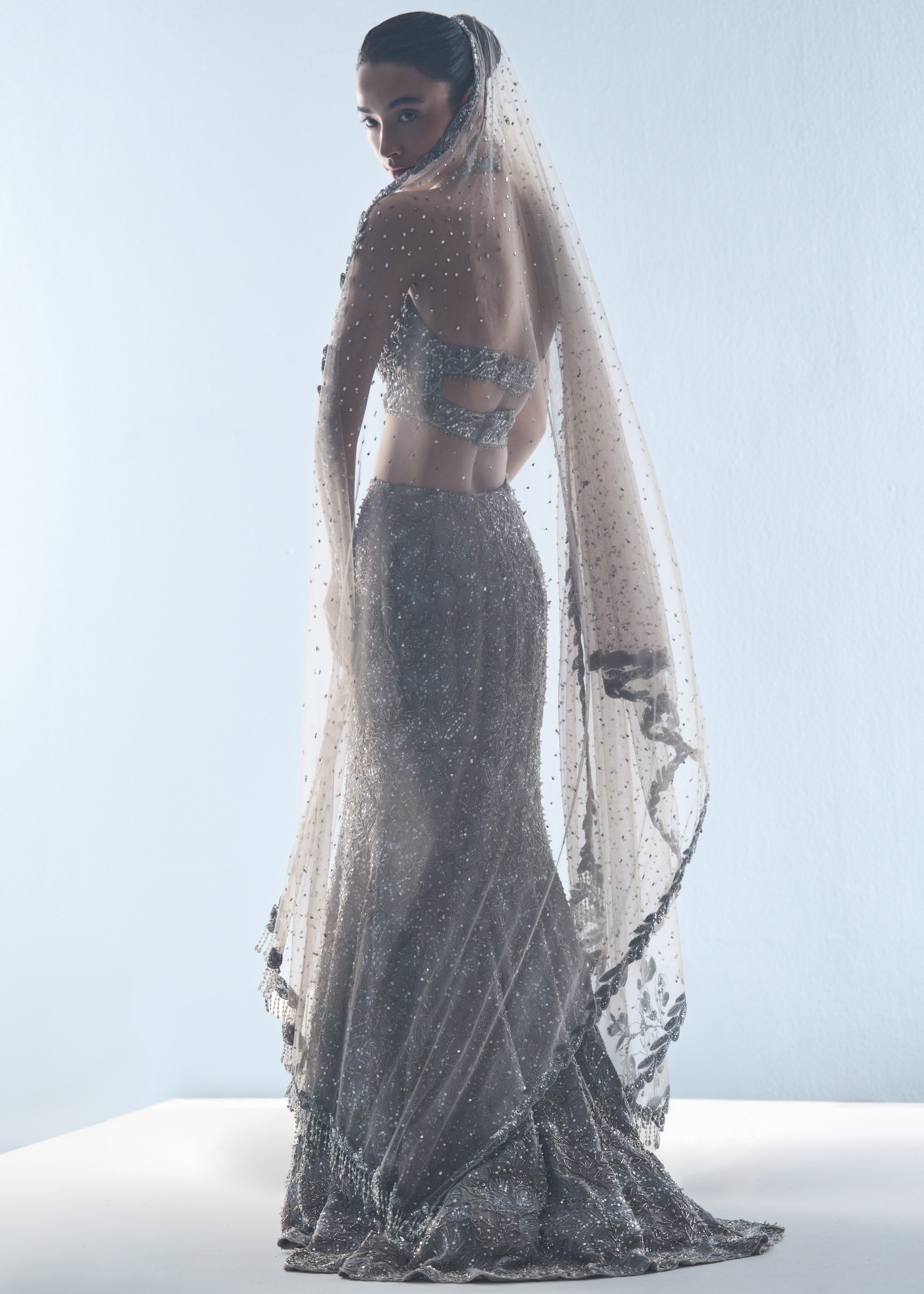 Grey Tulle Fit And Flare Lehenga Set
