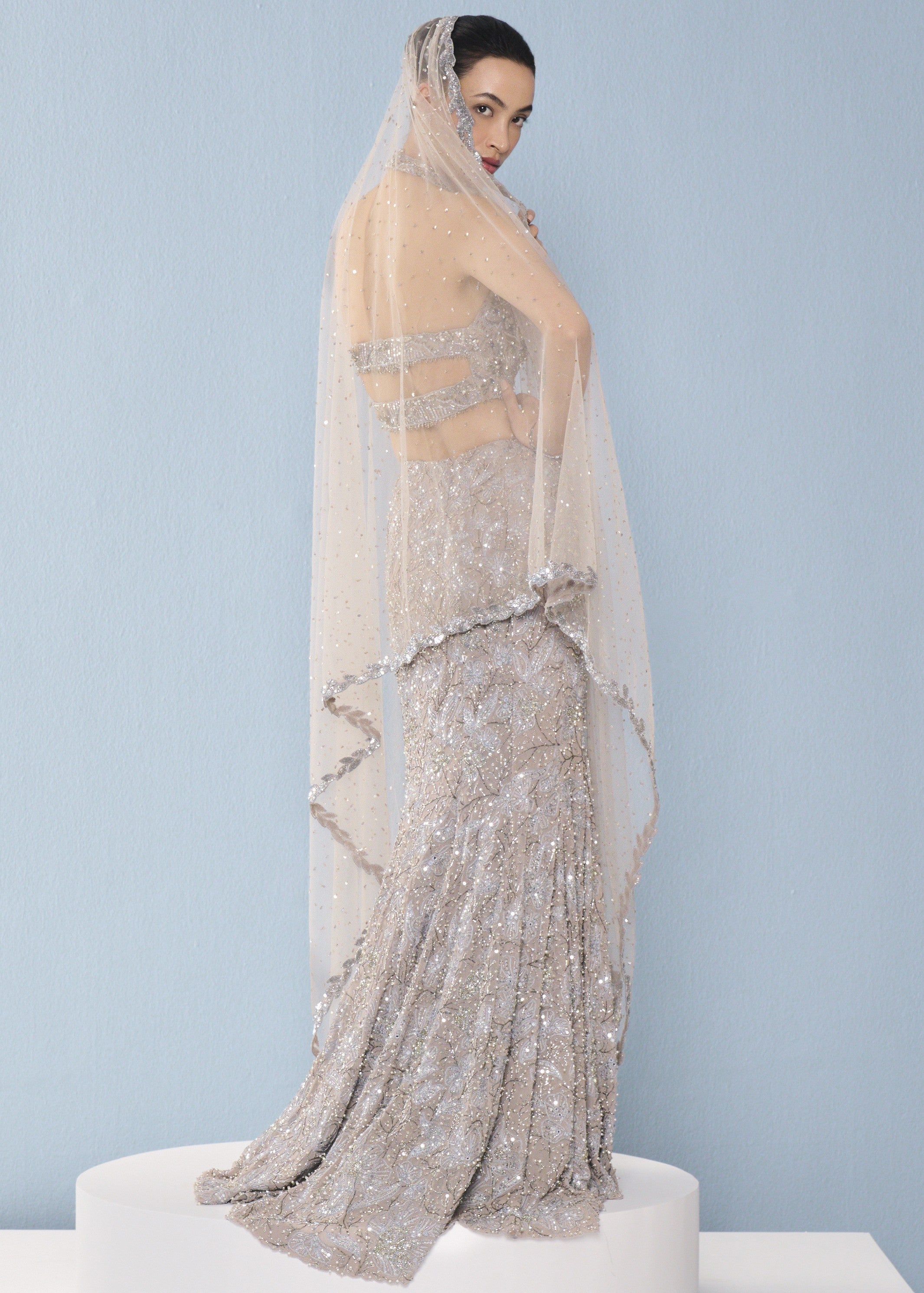 Grey Tulle Fit And Flare Lehenga Set