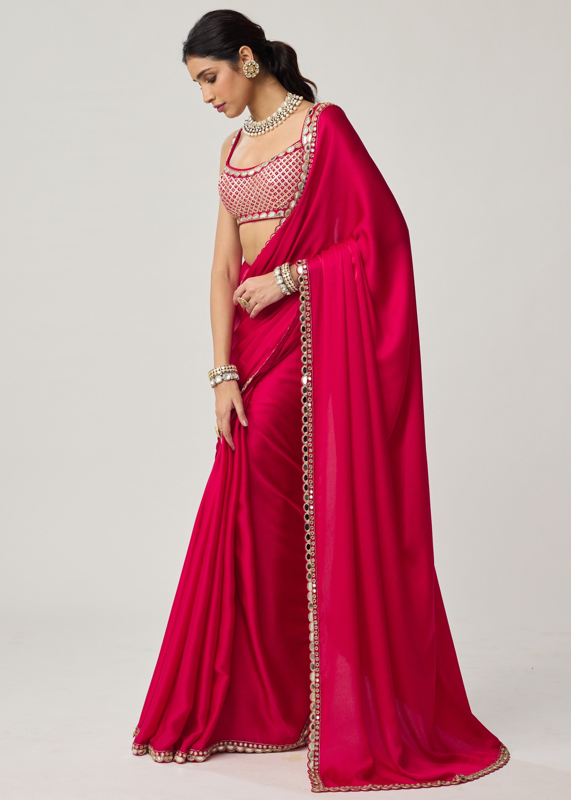 Crimson Red Gota And Mirror Embroidered Sari Set