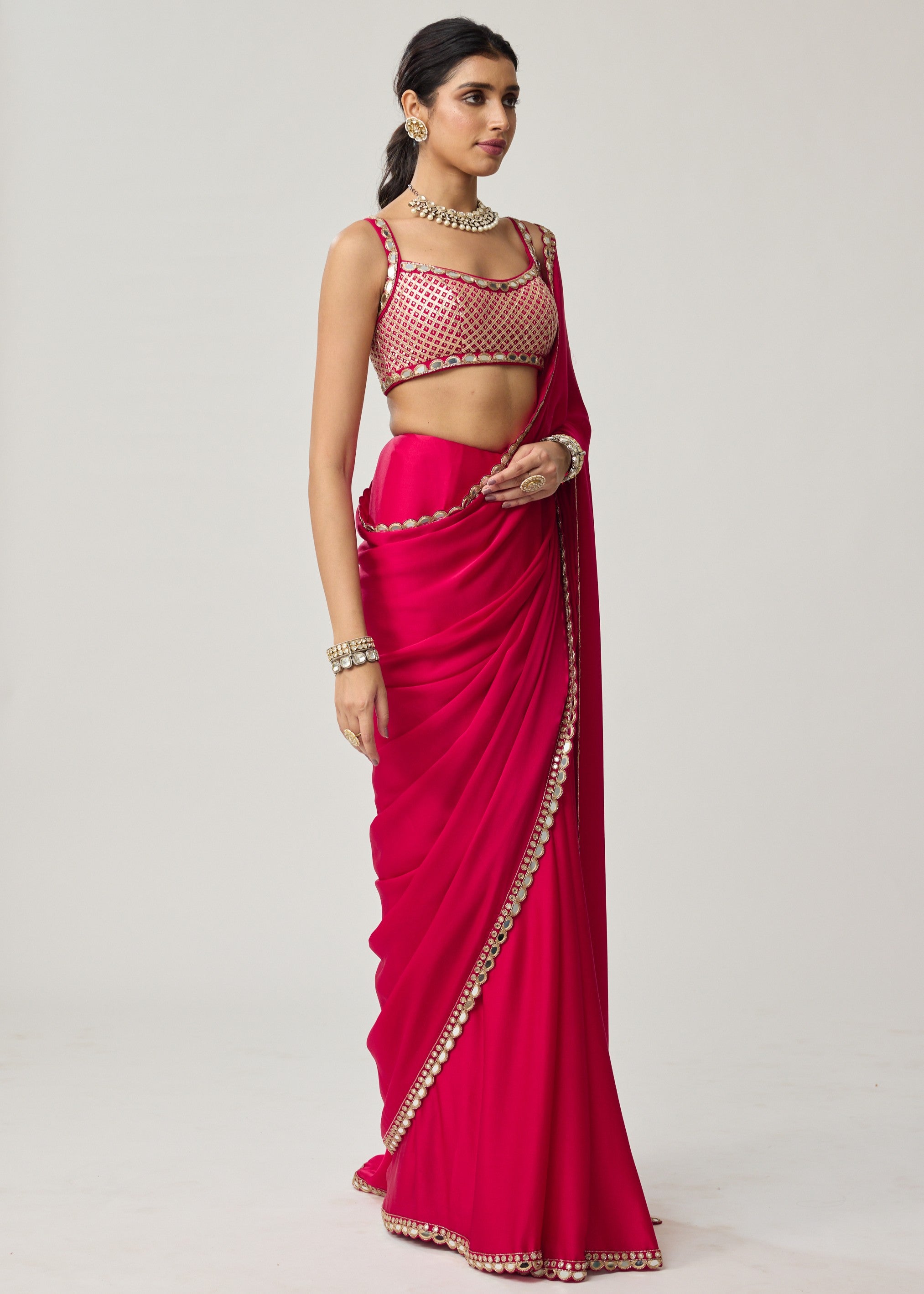 Crimson Red Gota And Mirror Embroidered Sari Set
