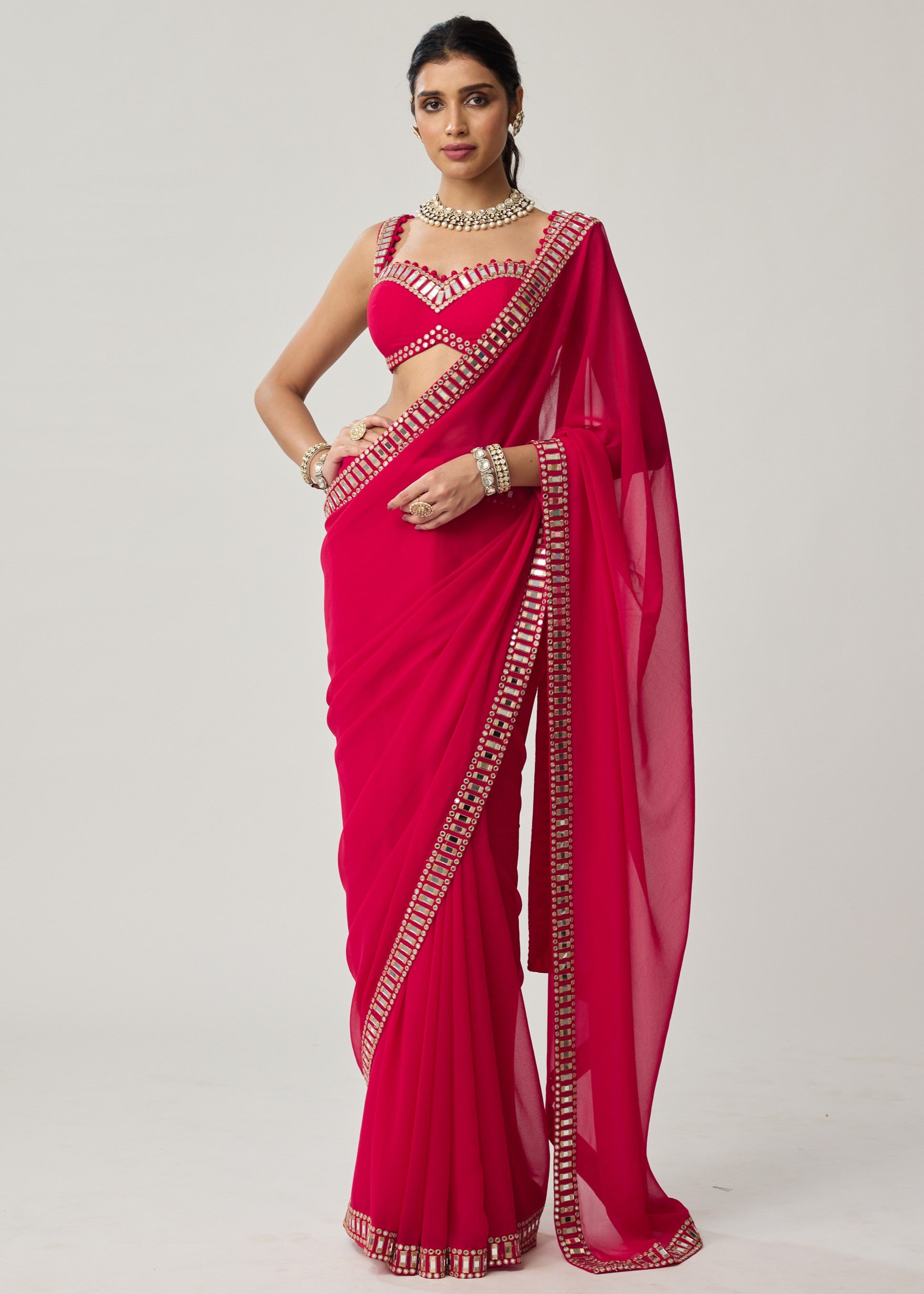 Crimson Red Mirror Embroidered Georgette Sari Set