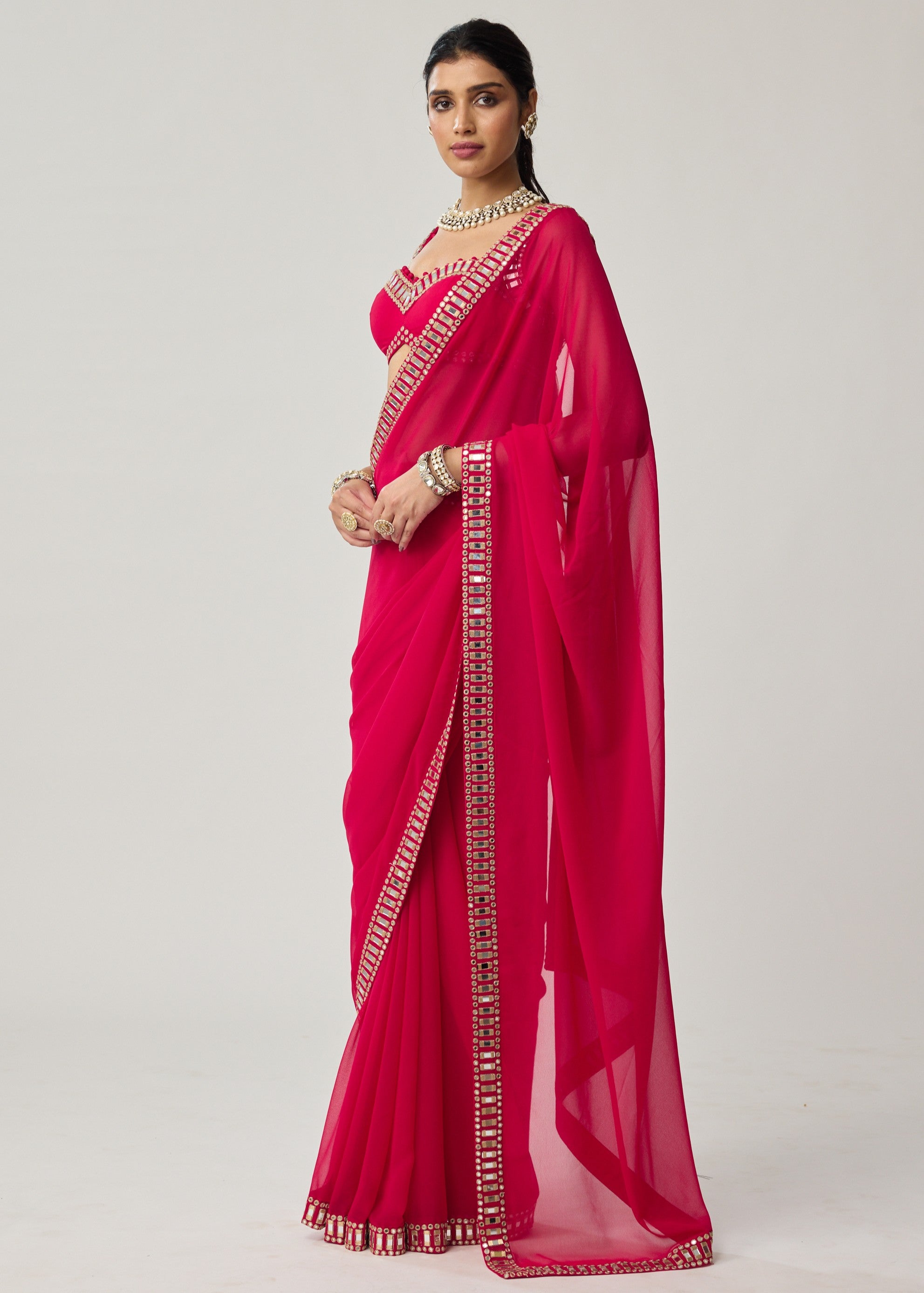 Crimson Red Mirror Embroidered Georgette Sari Set