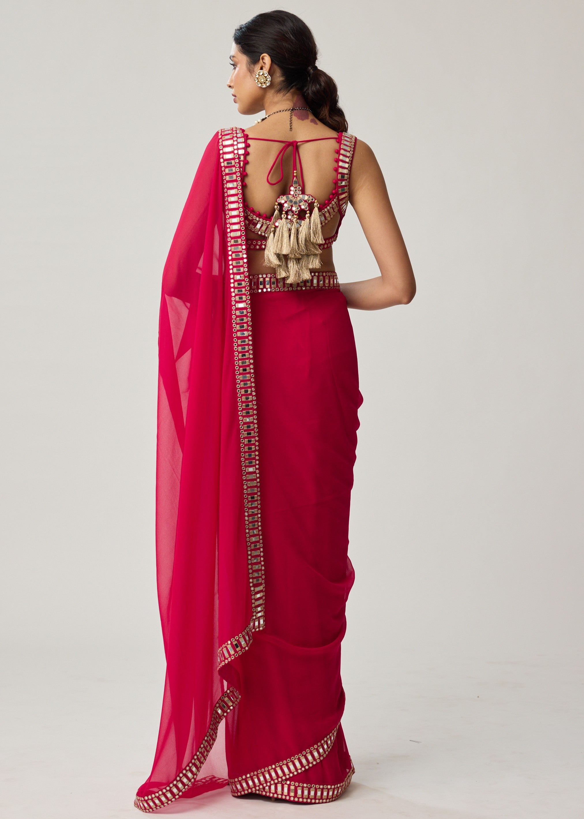 Crimson Red Mirror Embroidered Georgette Sari Set