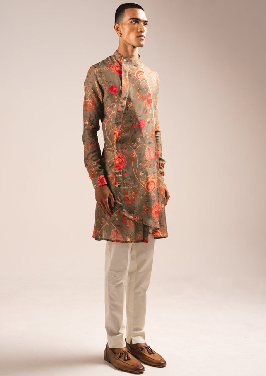 Khaki Garden Of Eden Pleated Kurta Pajama Set