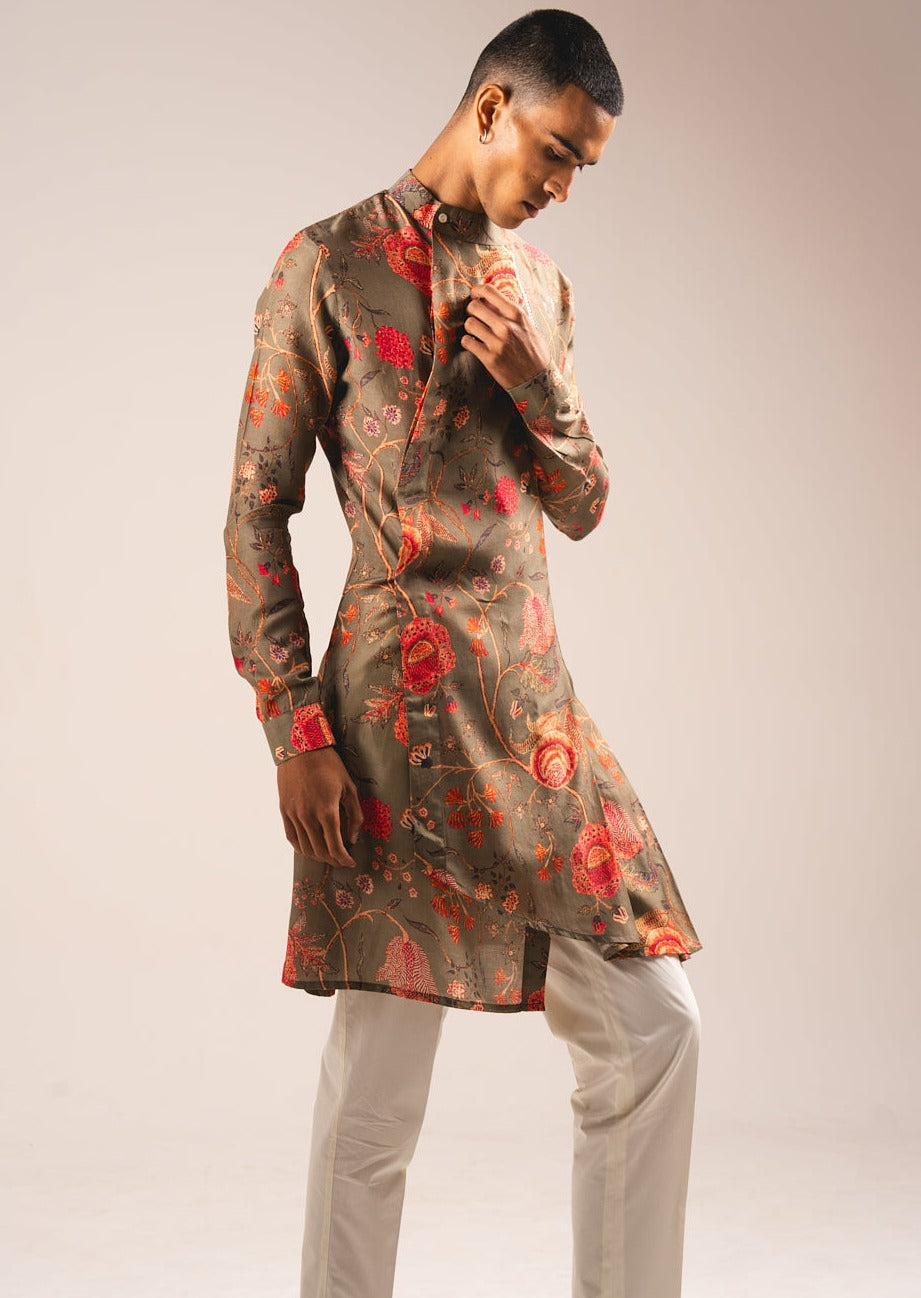 Khaki Garden Of Eden Pleated Kurta Pajama Set