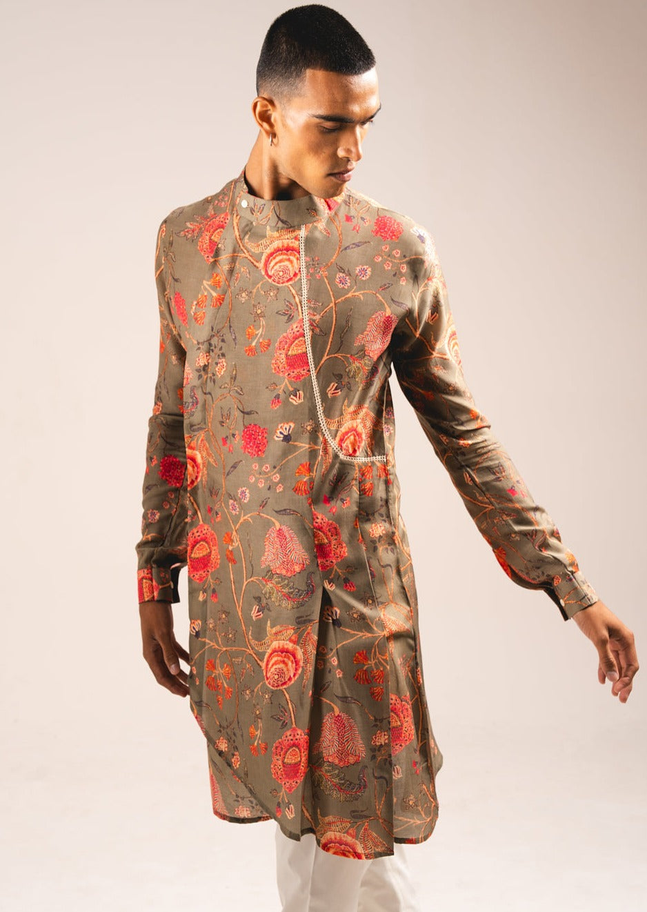 Khaki Garden Of Eden Pleated Kurta Pajama Set