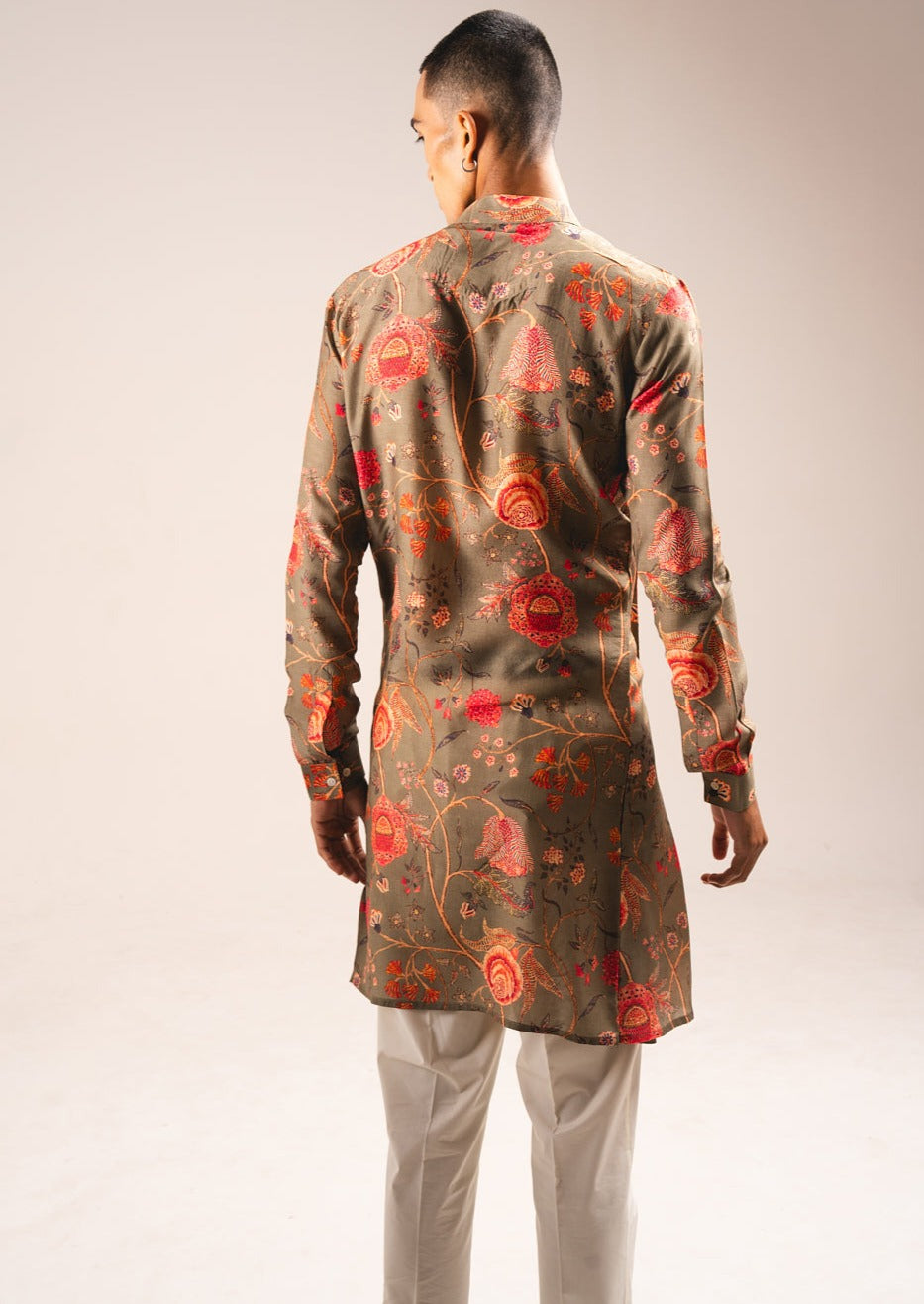 Khaki Garden Of Eden Pleated Kurta Pajama Set