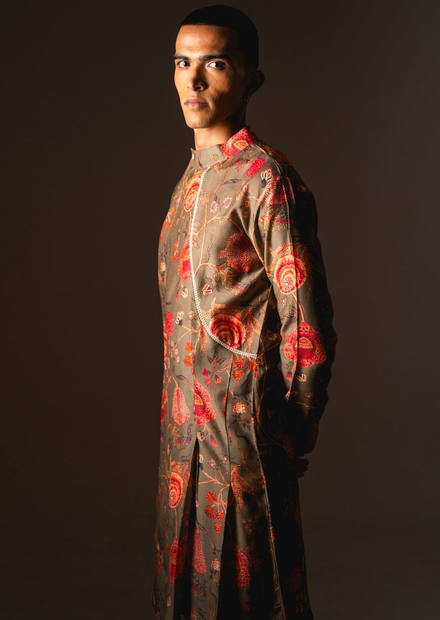 Khaki Garden Of Eden Pleated Kurta Pajama Set