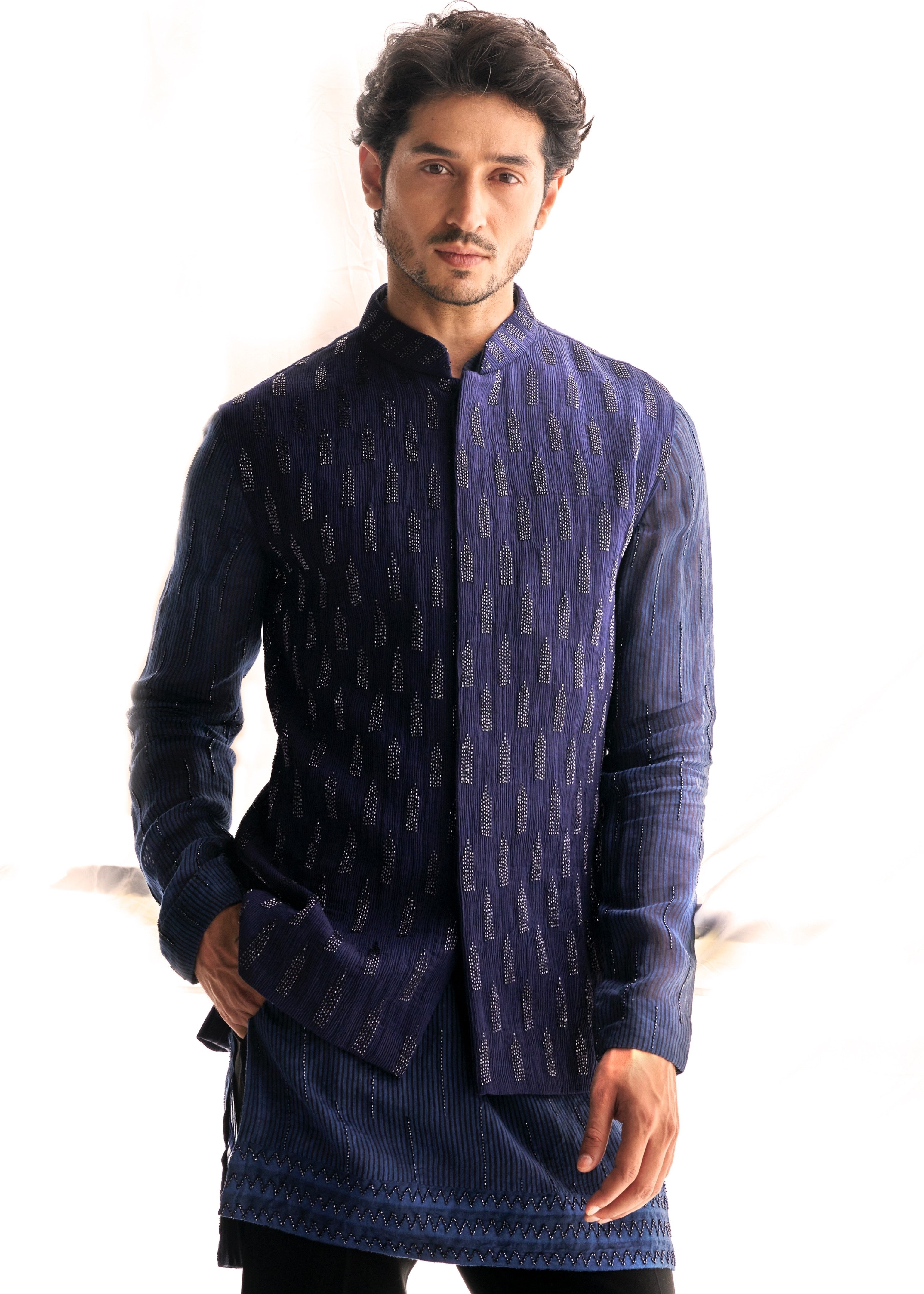 Blue Ruched Cutdana Work Nehru Kurta Set