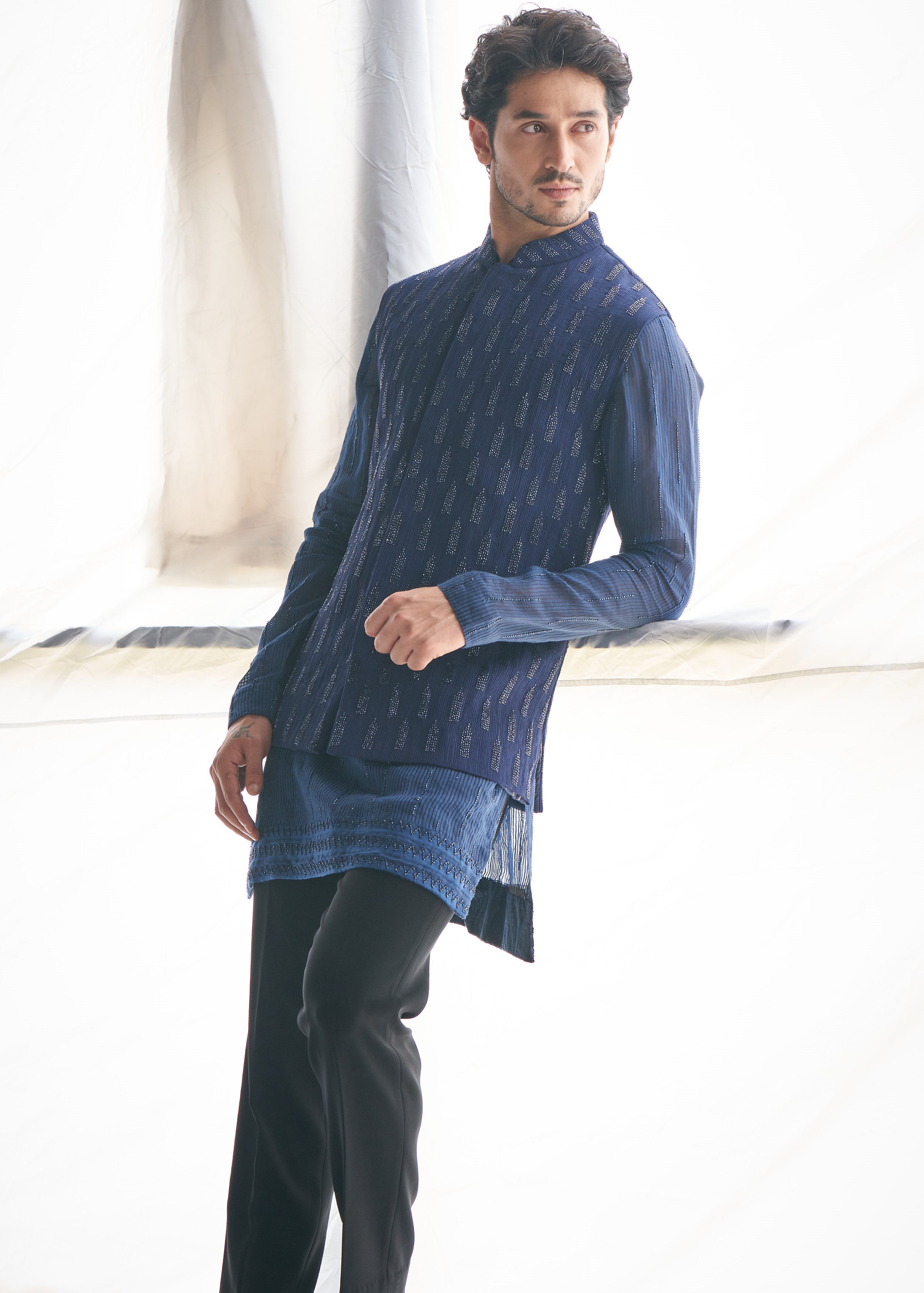 Blue Ruched Cutdana Work Nehru Kurta Set