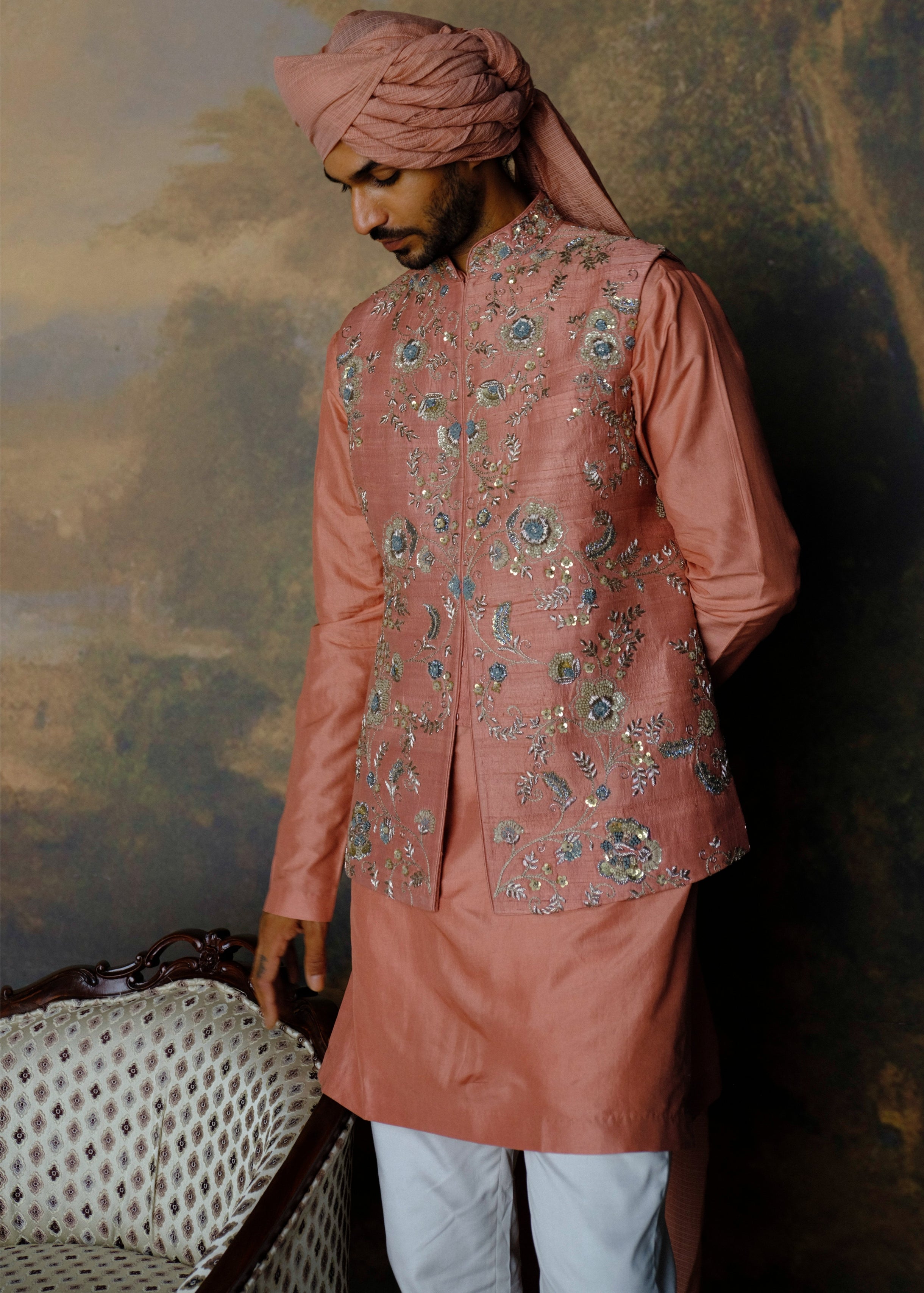 Peach Embroidered Bandi Set
