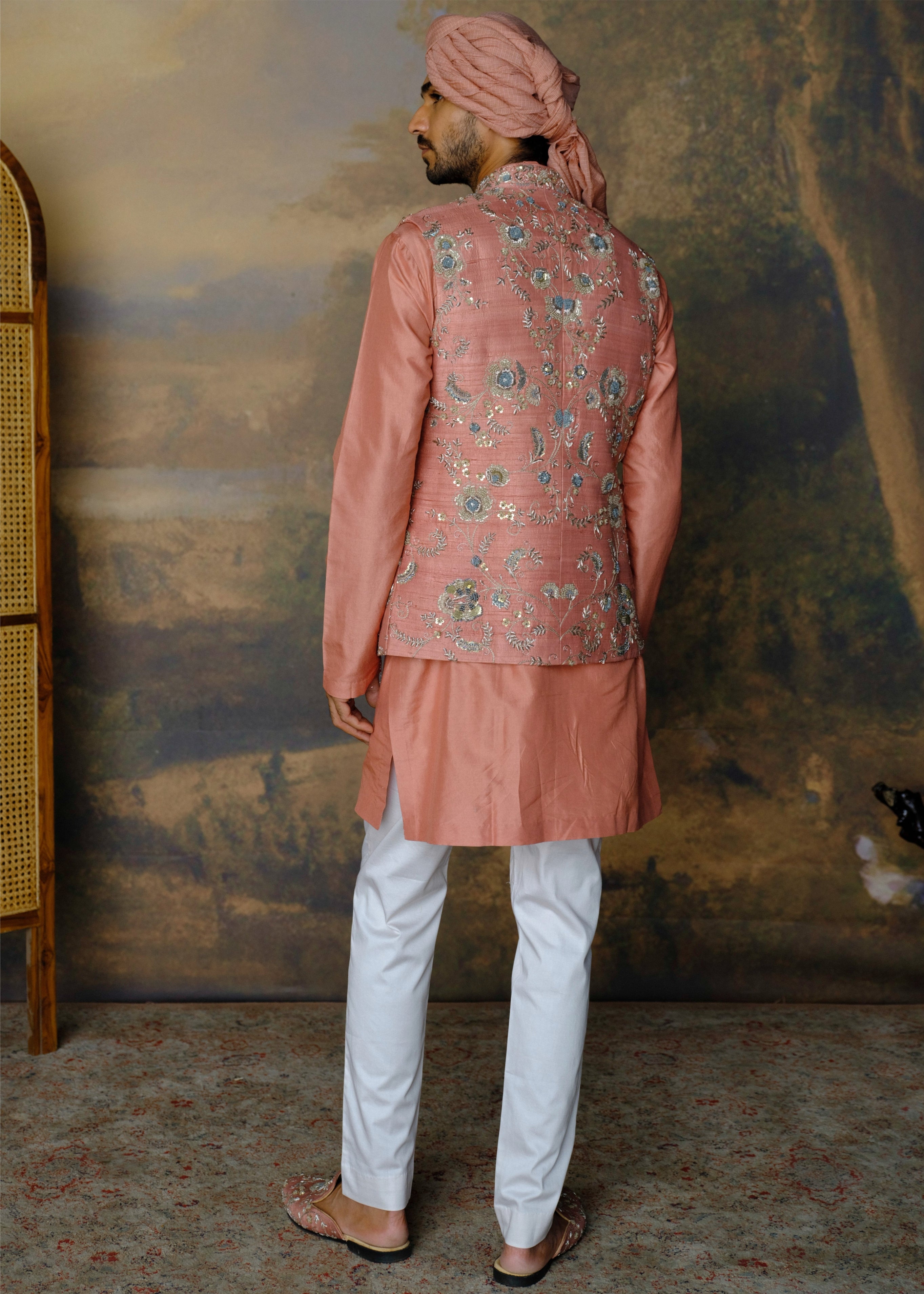 Peach Embroidered Bandi Set