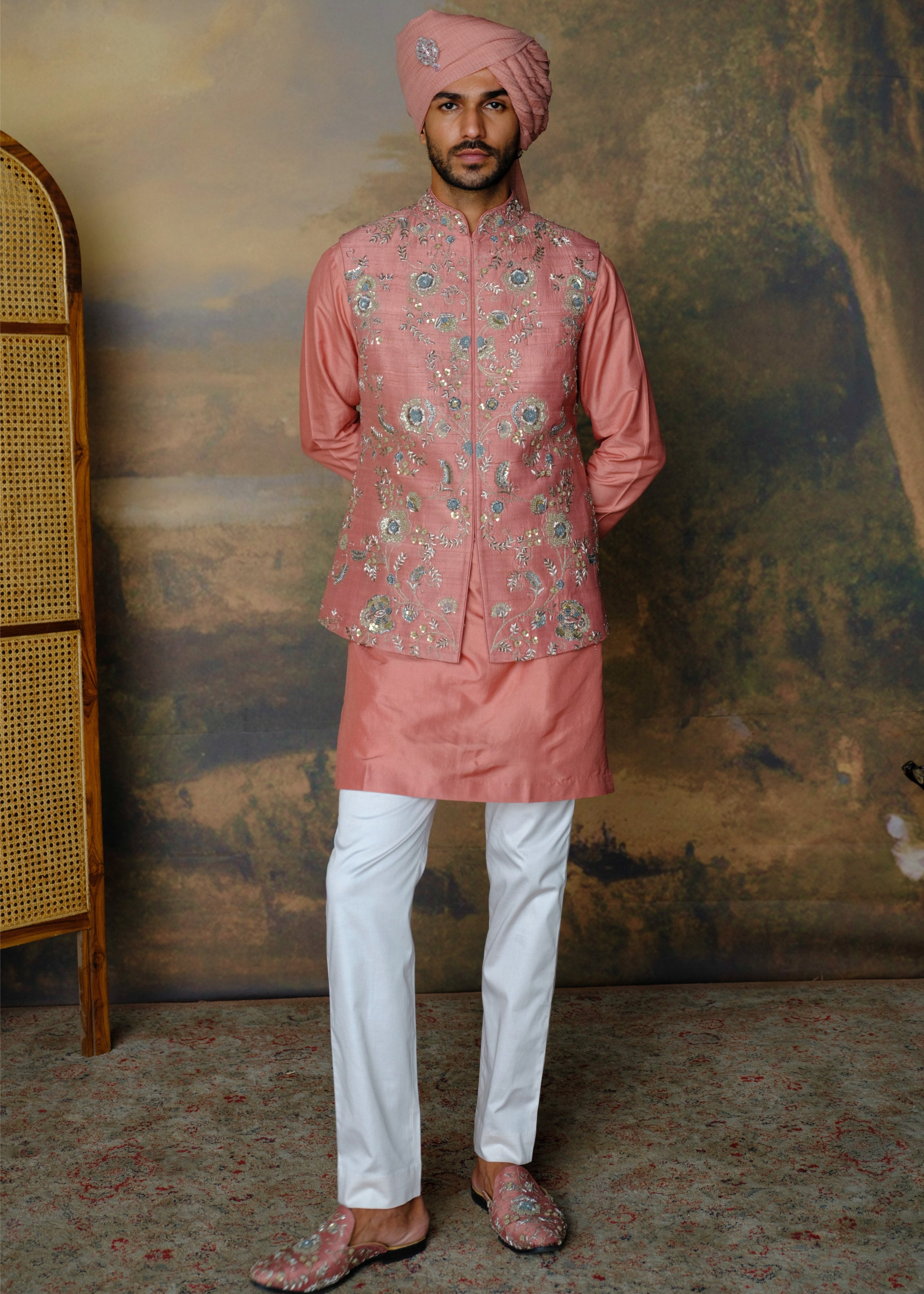 Peach Embroidered Bandi Set