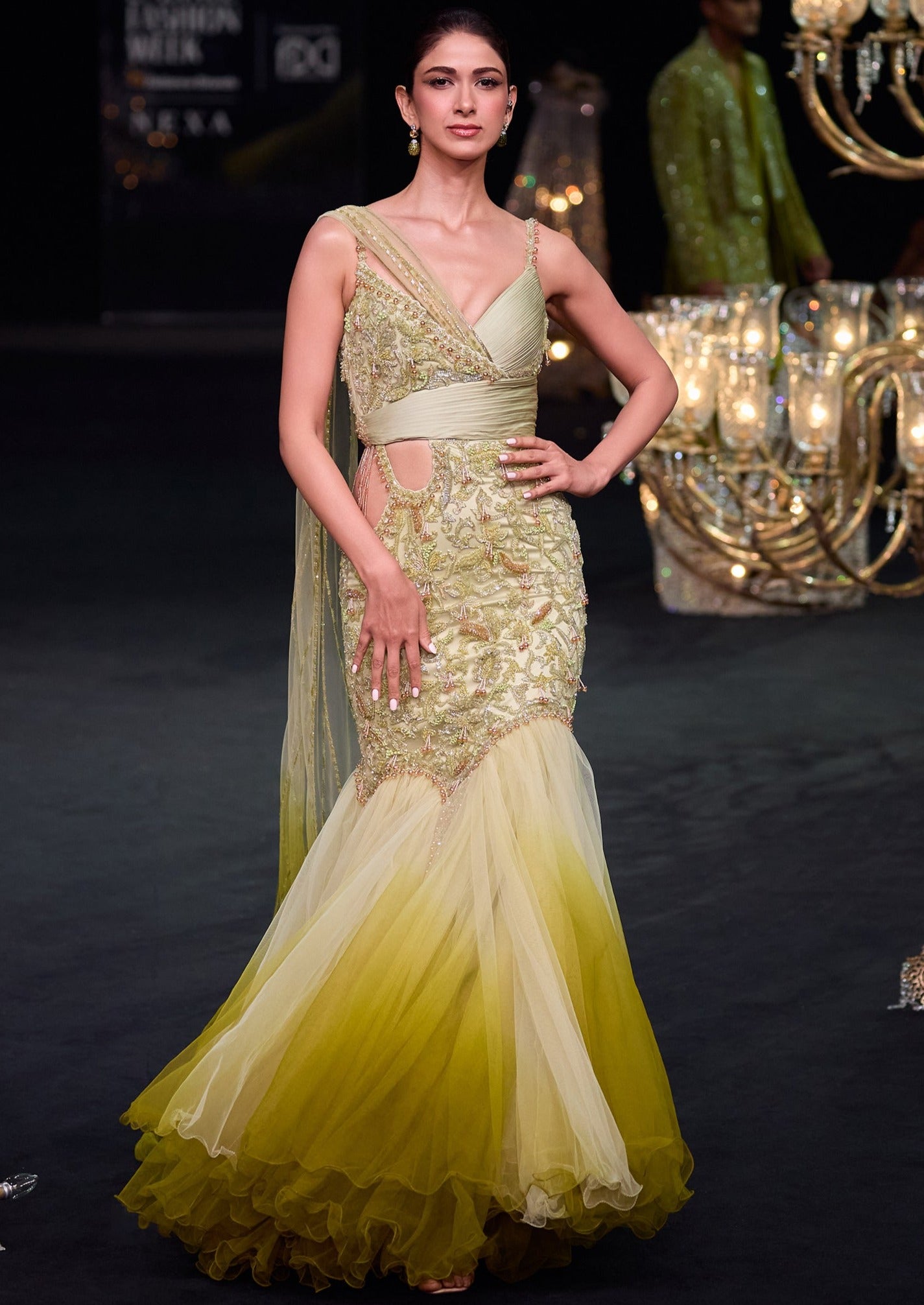 Citrus Green Ombre Fish Cut Zardozi Gown Sari Citrus Green Ombre Fish Cut Zardozi Gown Sari