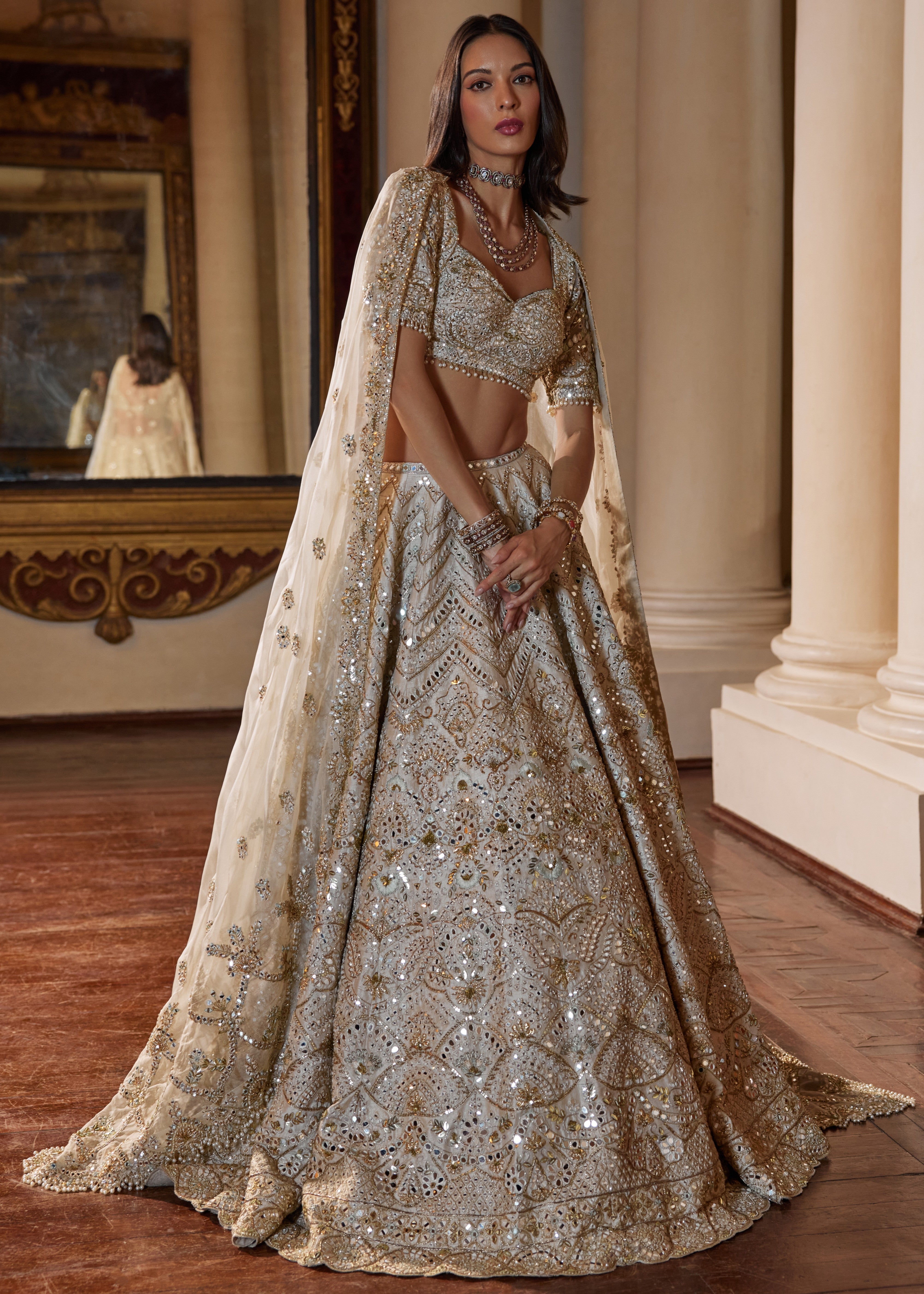 Cream Lehenga with Green Highlighting
