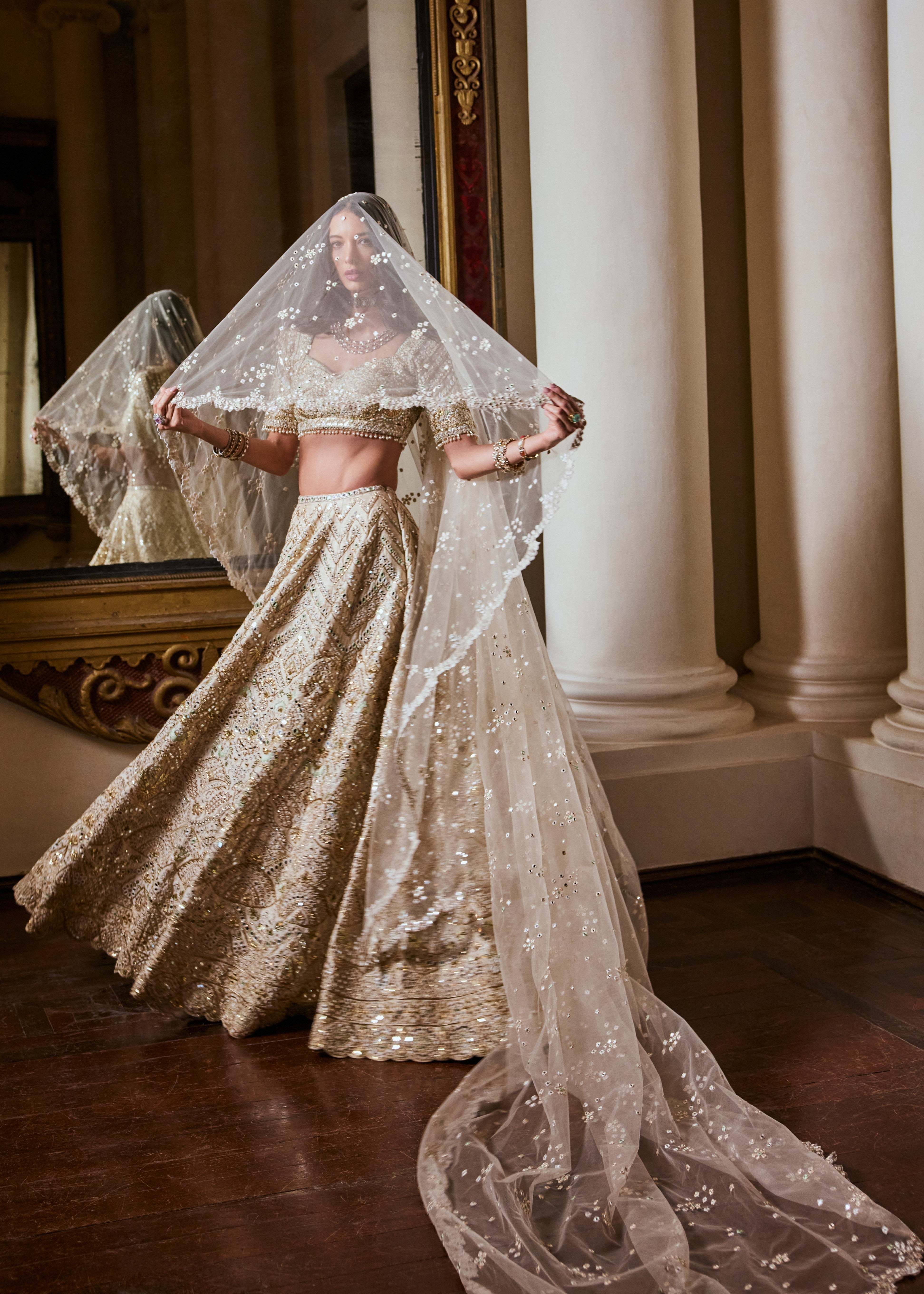Cream Lehenga with Green Highlighting