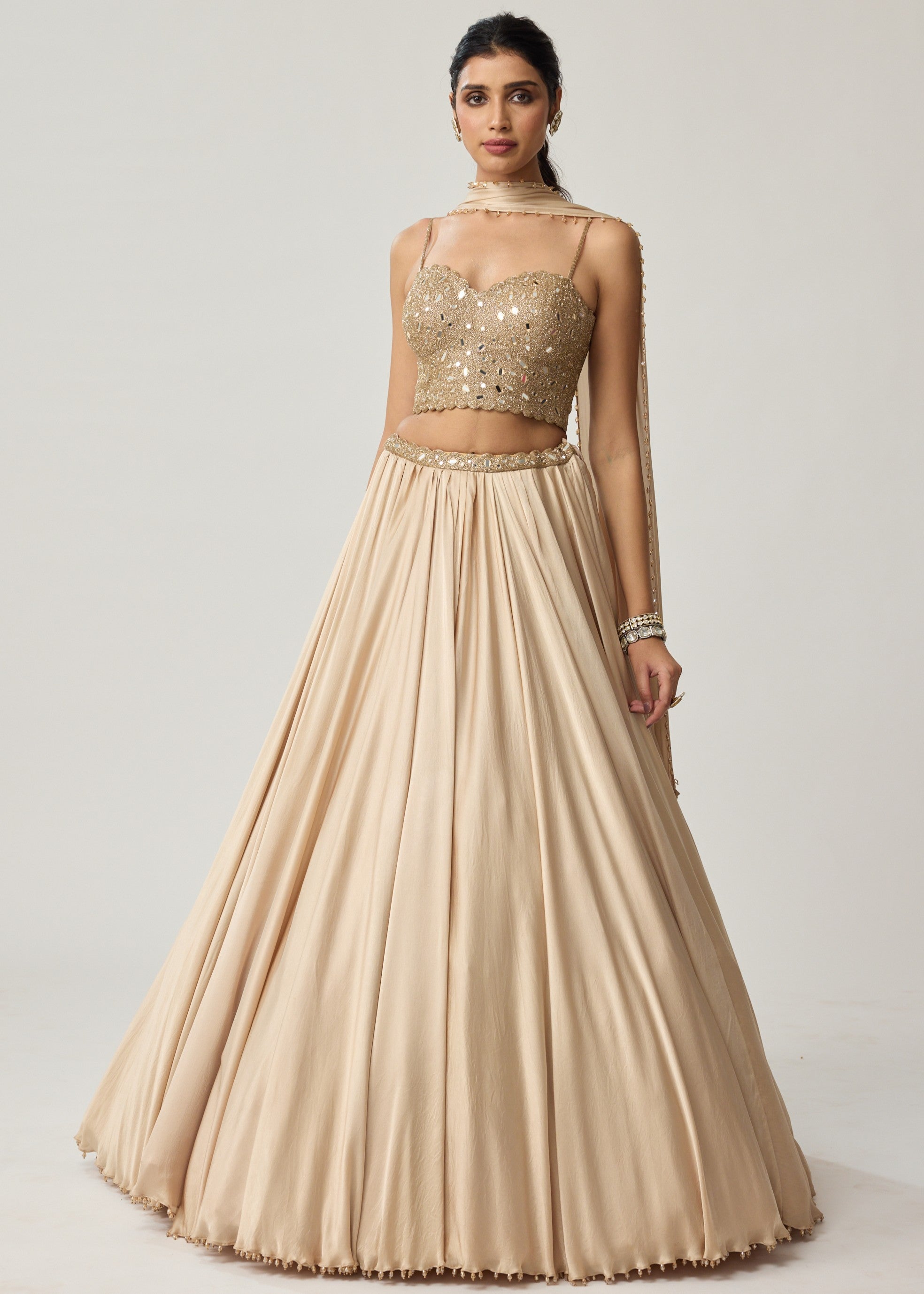 Light Beige Mirror Corset Satin Skirt Set